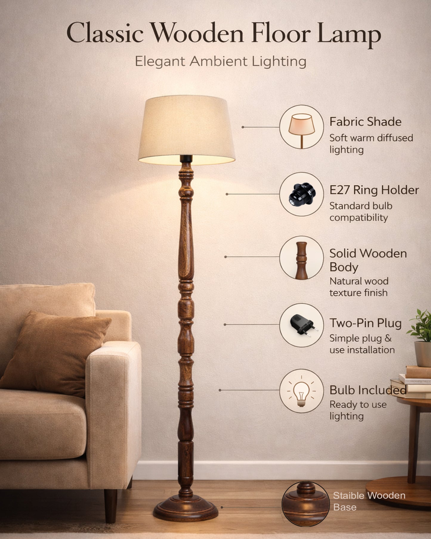 Classic Rustic Eclipse Black Finish Wooden Floor Lamp with Shade
