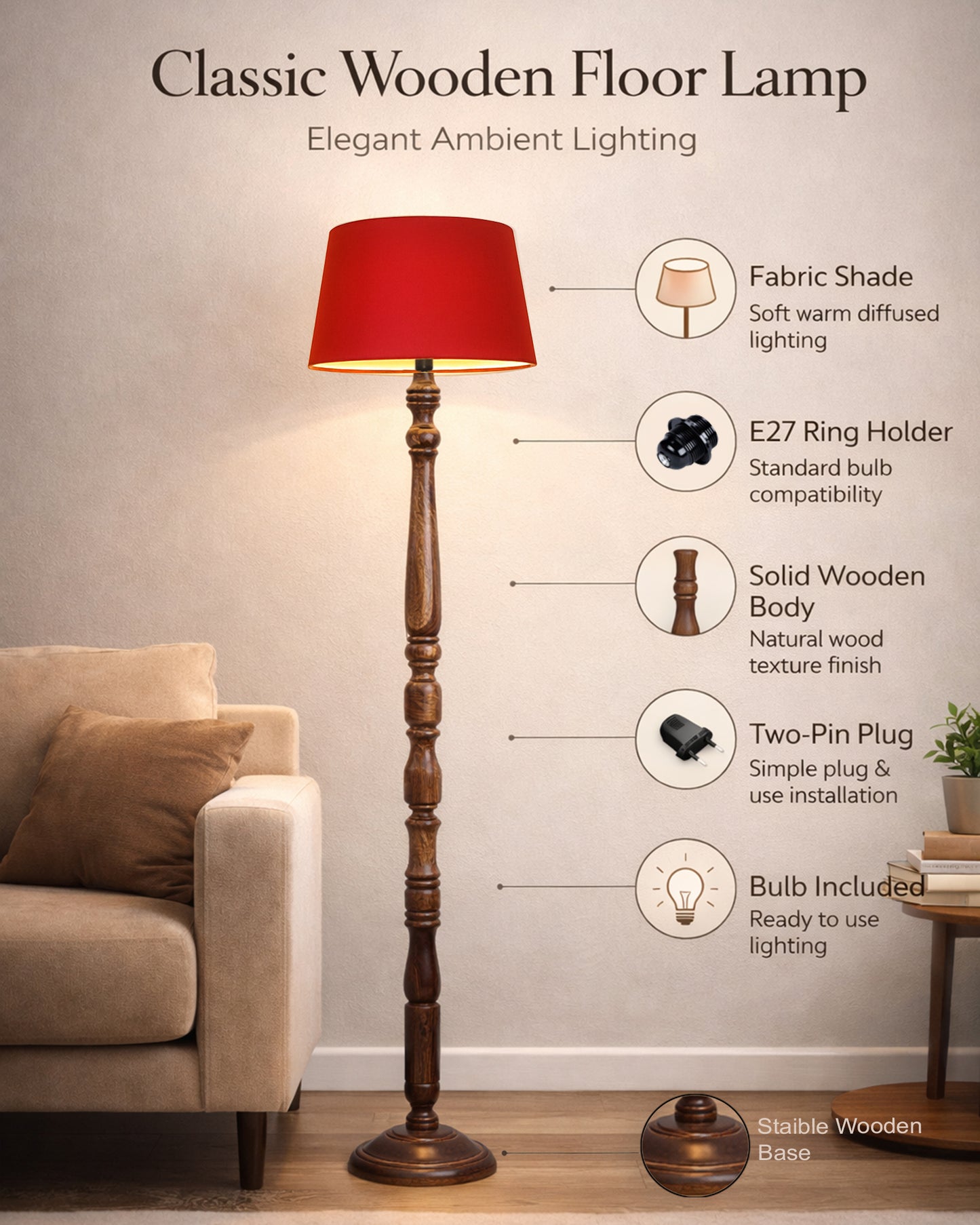Classic Rustic Eclipse Black Finish Wooden Floor Lamp with Shade