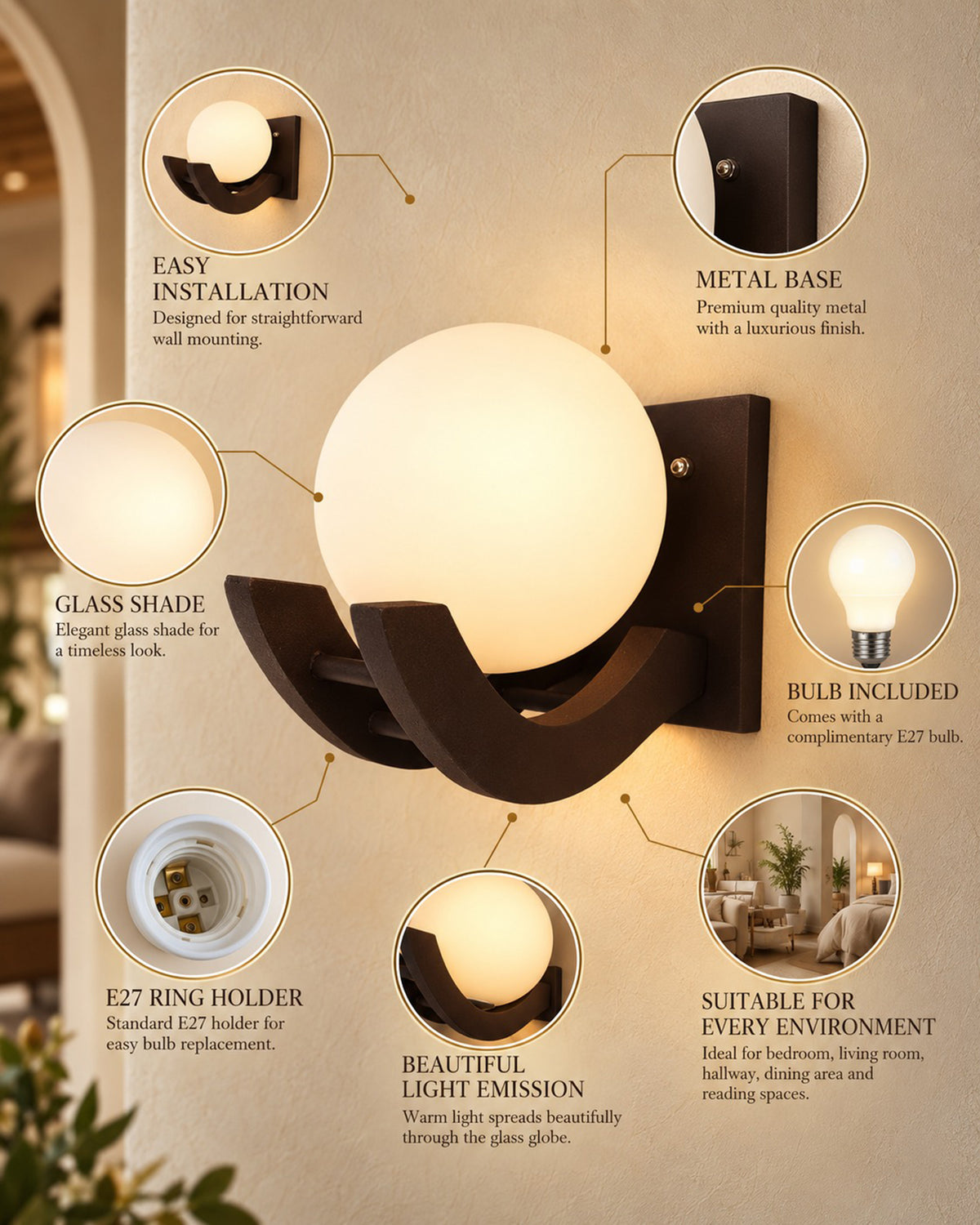 Brown & White Wood Gooseneck zedo Wall Lamp , Pack of 1