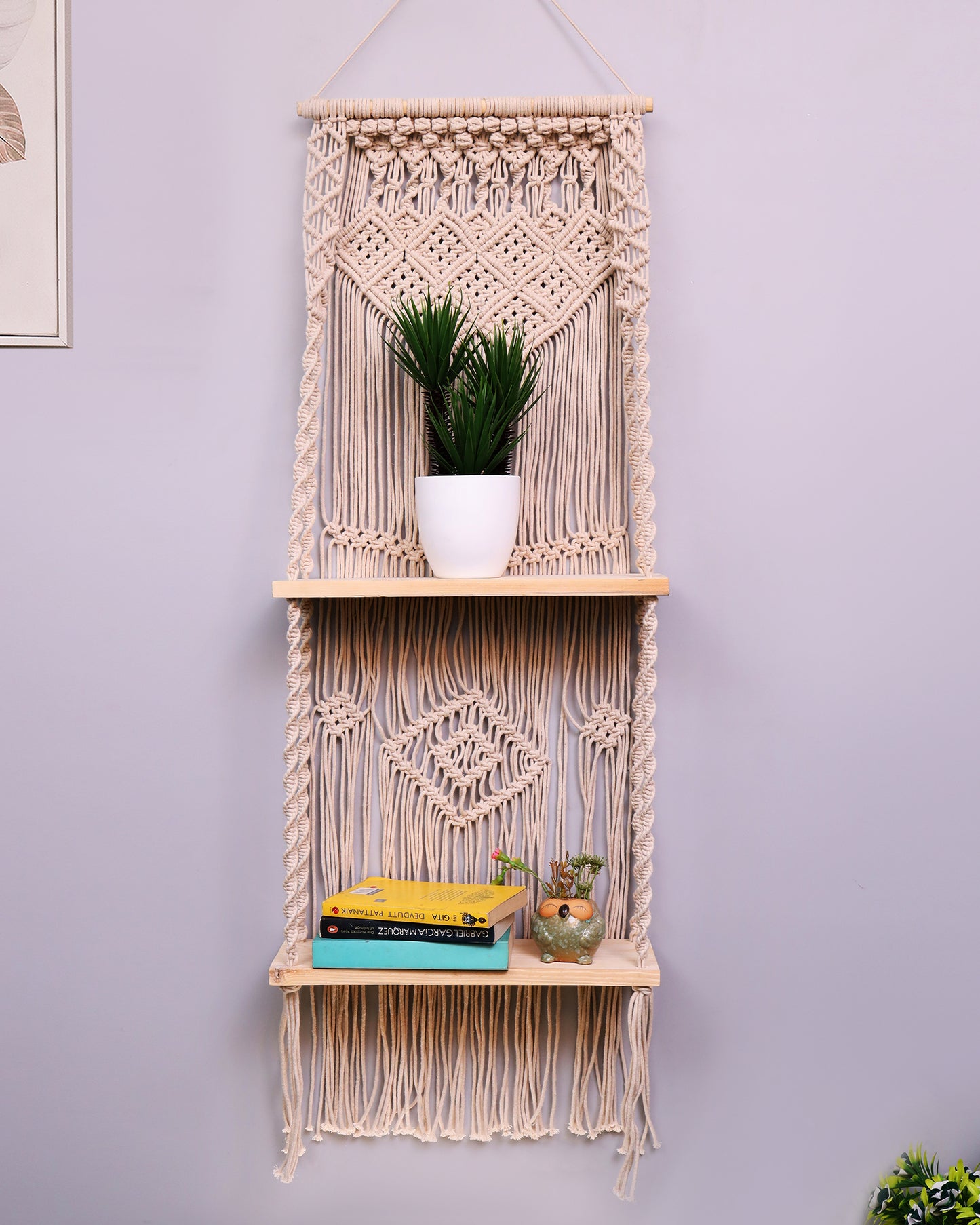 Macrame Wall Hanging Shelf, Boho Floating Shelf, Handcraft Bohemian Decor, Cute Woven Shelves for Bathroom Plants Picture Frame, Home Storage
