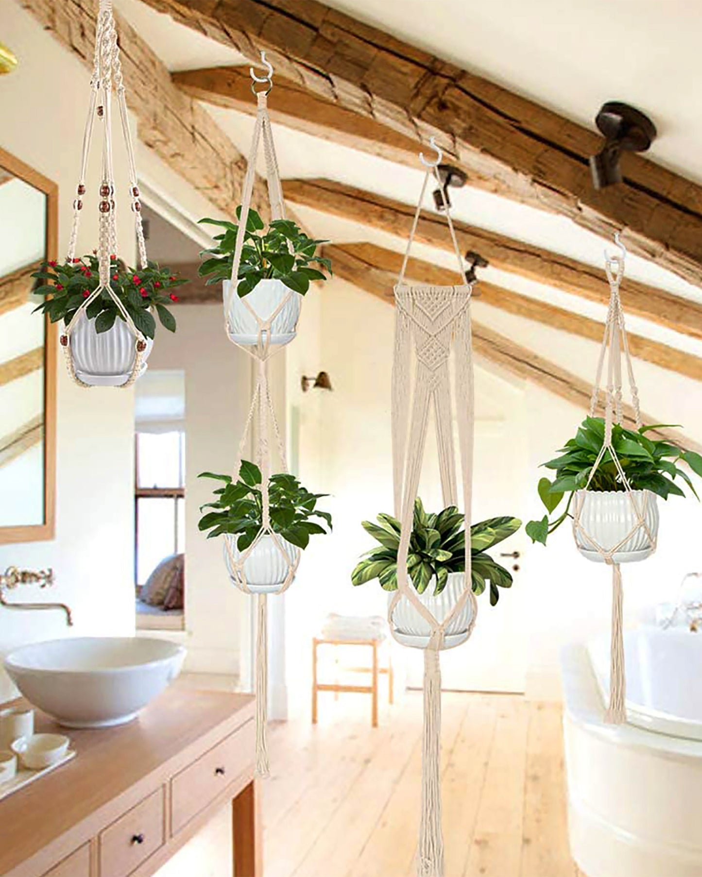 5-Pack Macrame Plant Hangers with Hooks, Different Layers, Handmade Cotton Rope Hanging Planters Set Flower Pots Holder Stand, for Indoor Outdoor Boho Home Decor, set of 5