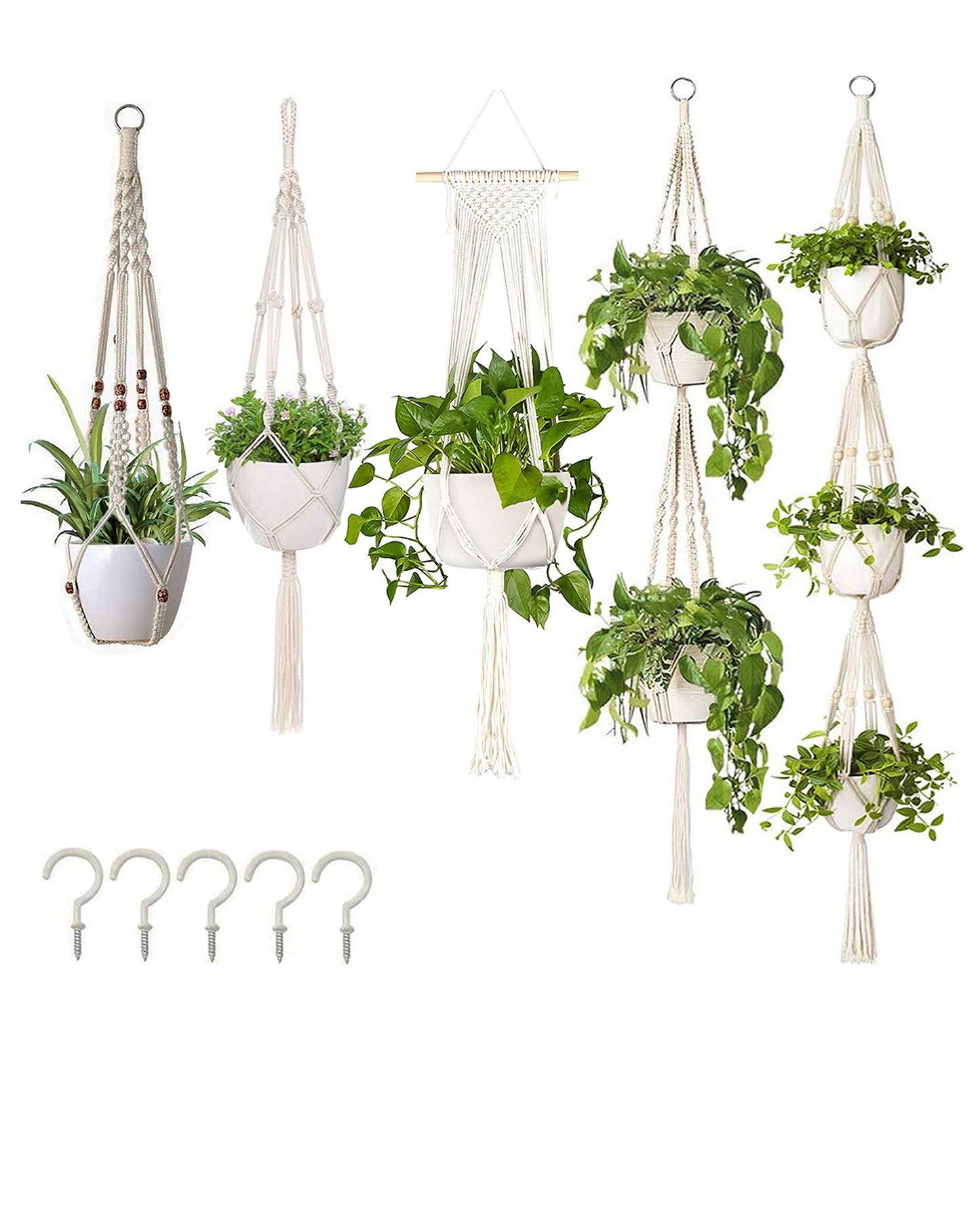 5-Pack Macrame Plant Hangers with Hooks, Different Layers, Handmade Cotton Rope Hanging Planters Set Flower Pots Holder Stand, for Indoor Outdoor Boho Home Decor, set of 5