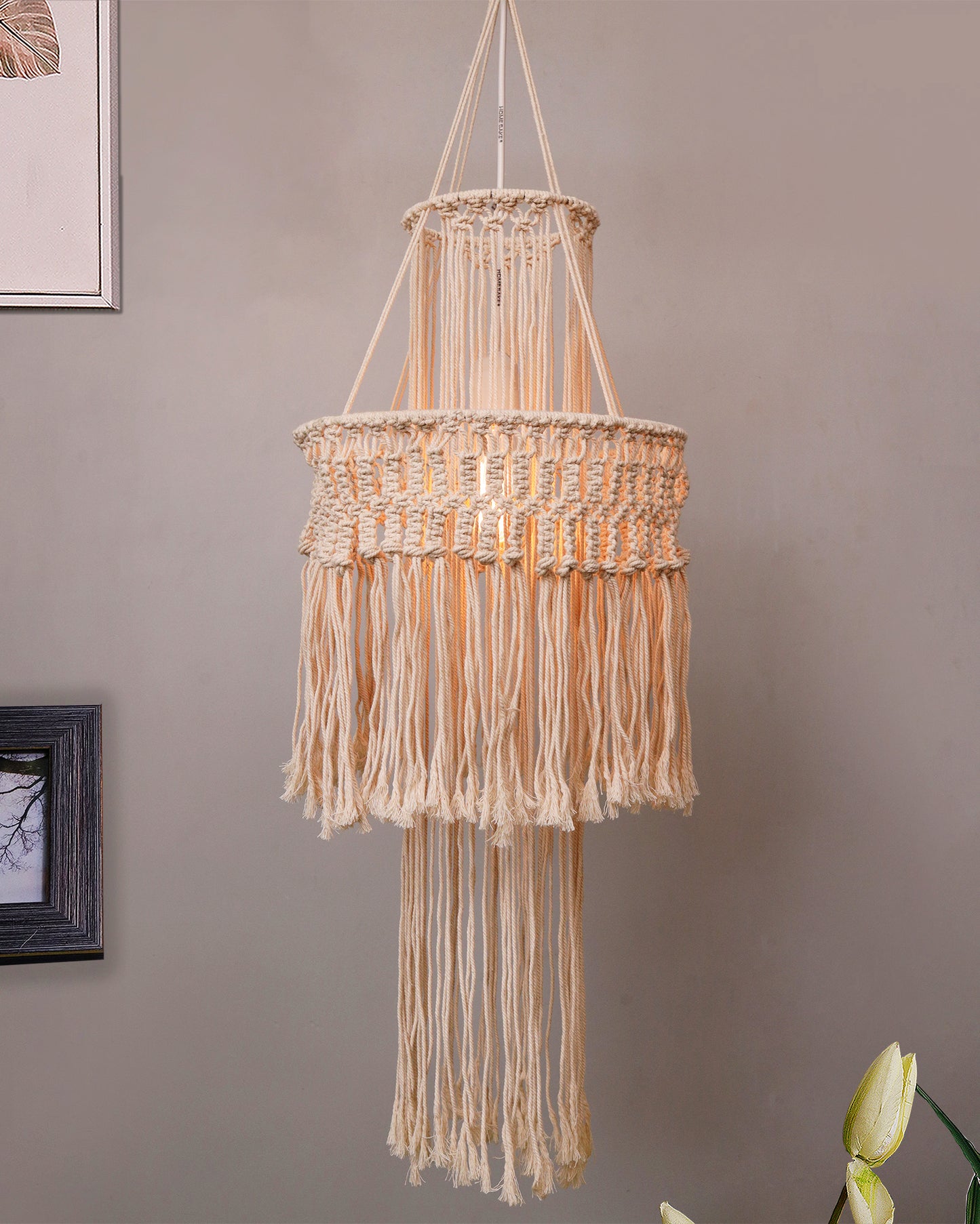 Macrame Lamp Shade Boho Hanging Pendant Light Cover,Handmade Woven Bohemian Decoration Chandelier Shade for Modern Office Bedroom Living Room Nursery Dorm, E27