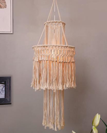 Macrame Lamp Shade Boho Hanging Pendant Light Cover,Handmade Woven Bohemian Decoration Chandelier Shade for Modern Office Bedroom Living Room Nursery Dorm, E27
