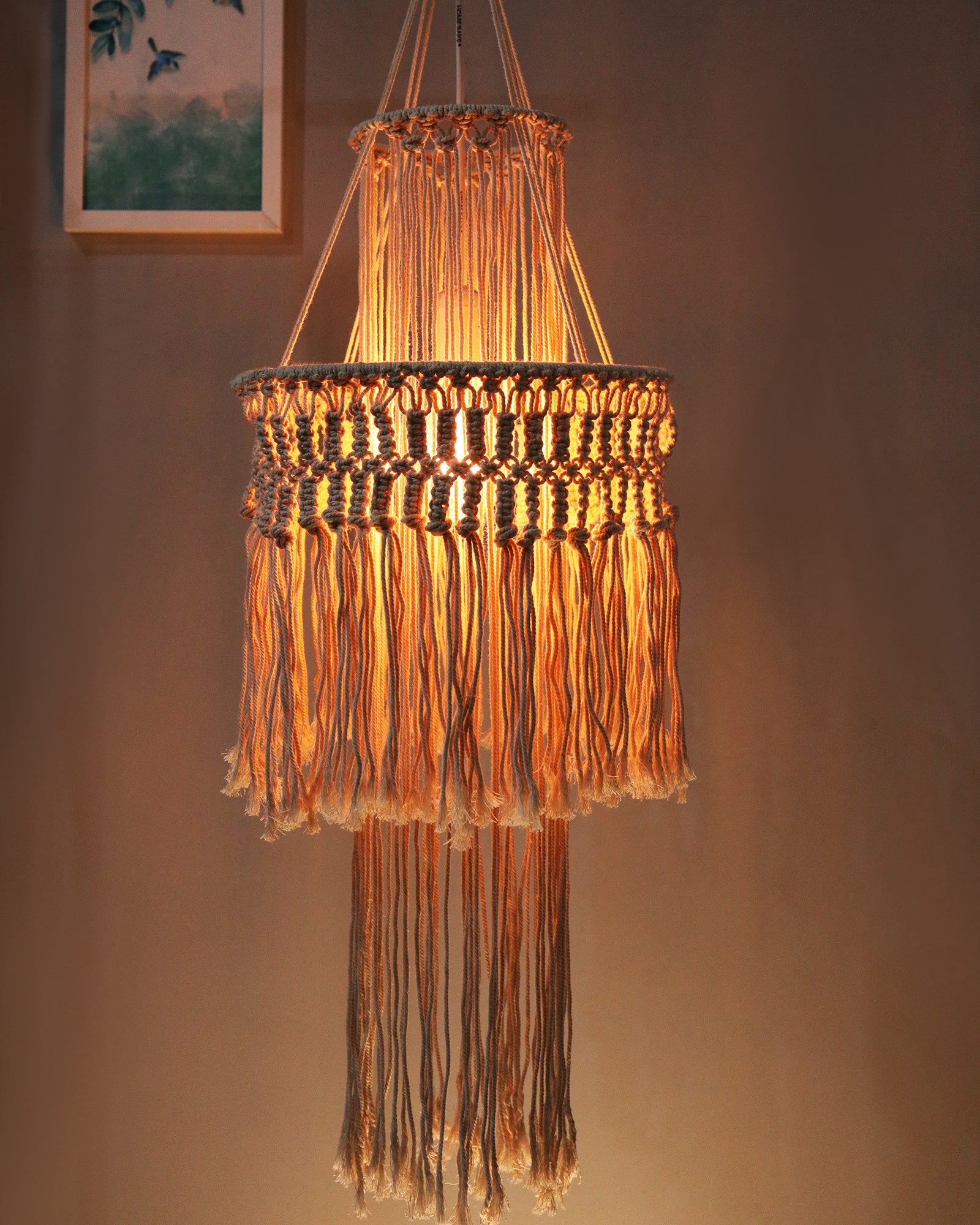 Macrame Lamp Shade Boho Hanging Pendant Light Cover,Handmade Woven Bohemian Decoration Chandelier Shade for Modern Office Bedroom Living Room Nursery