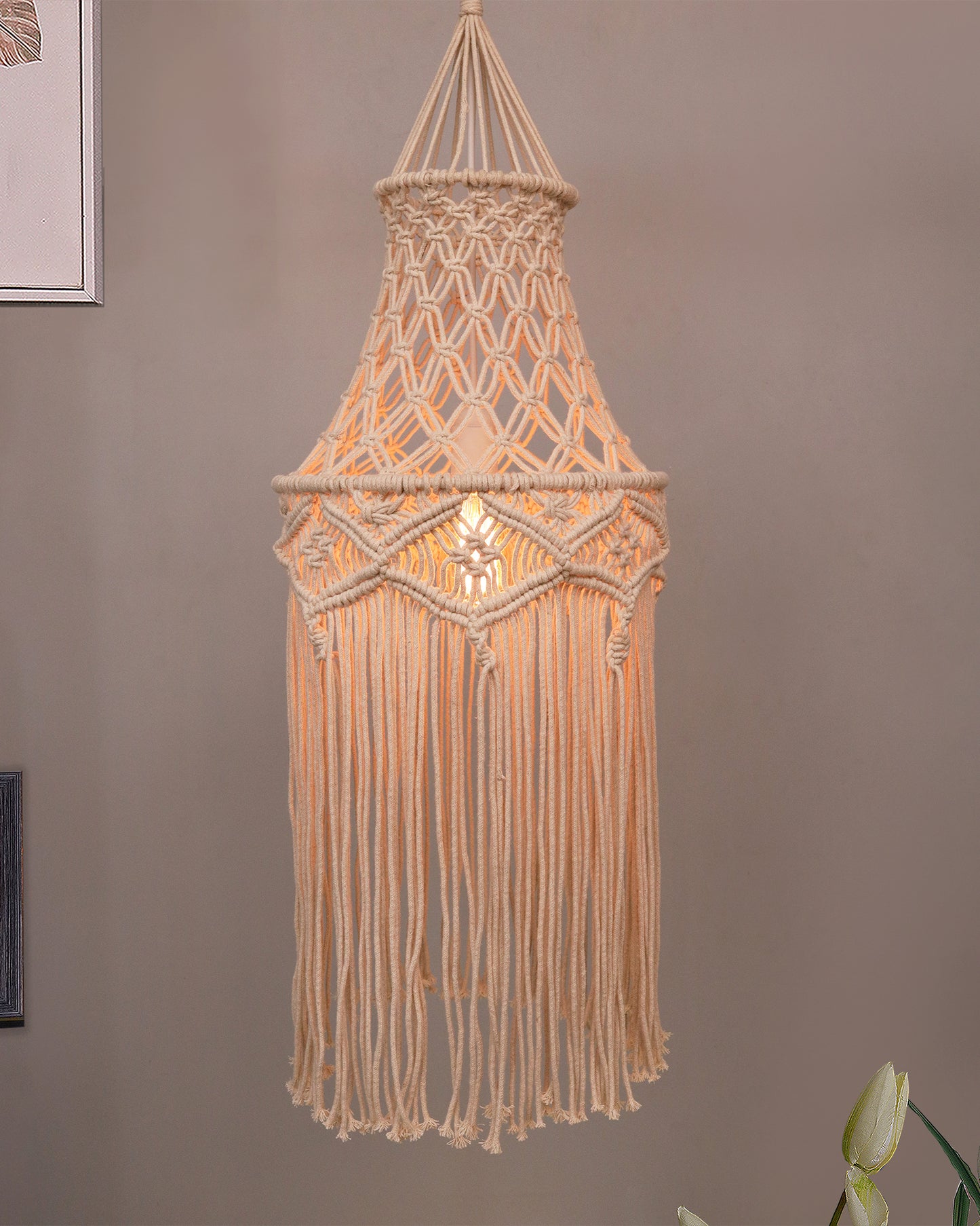 Macrame Lamp Shade Boho Hanging Pendant Light Cover,Handmade Woven Bohemian Decoration Chandelier Shade for Modern Office Bedroom Living Room Nursery Dorm, E27