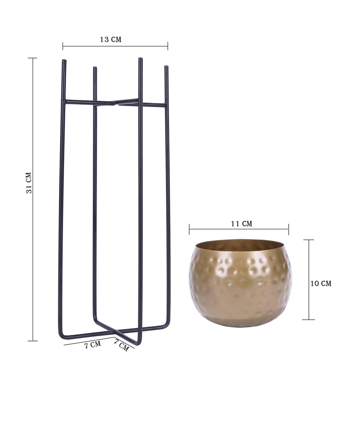 Metal Hammered Plant Pot with Stand, Set of 2 |Golden Decorative Modern Indoor Planter | Office Desk Pot with Black Metal Stand for Orchids Herbs Cacti Succulents