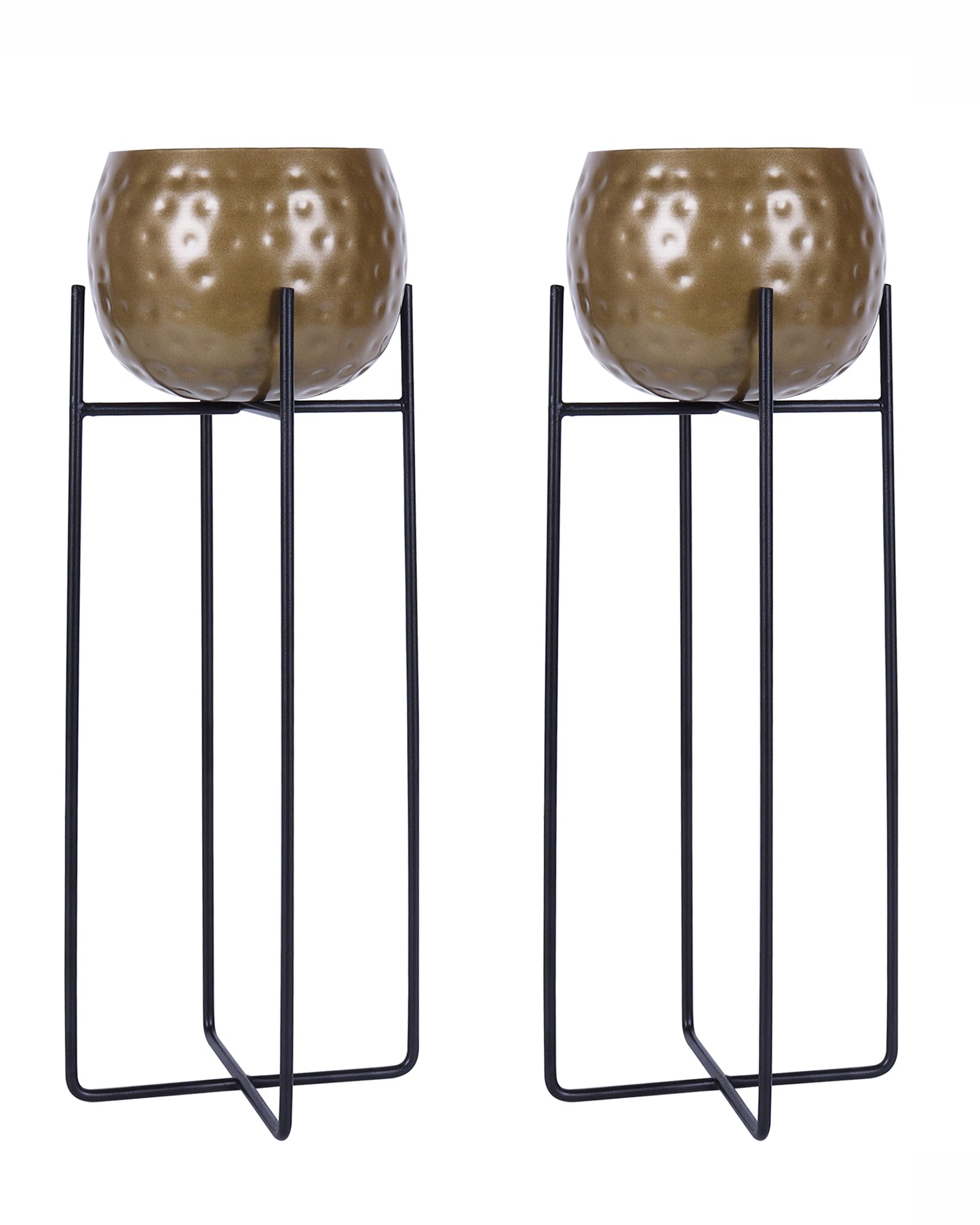 Metal Hammered Plant Pot with Stand, Set of 2 |Golden Decorative Modern Indoor Planter | Office Desk Pot with Black Metal Stand for Orchids Herbs Cacti Succulents