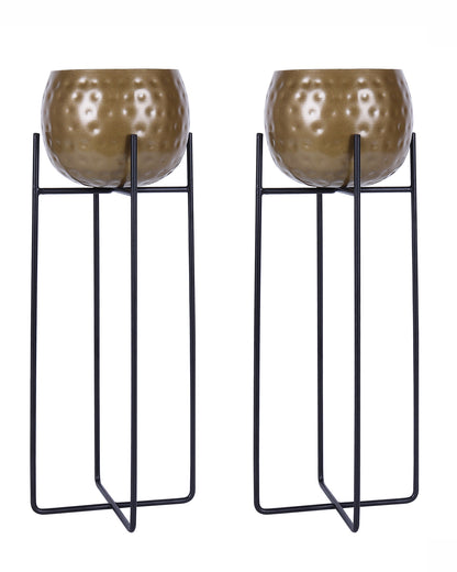 Metal Hammered Plant Pot with Stand, Set of 2 |Golden Decorative Modern Indoor Planter | Office Desk Pot with Black Metal Stand for Orchids Herbs Cacti Succulents