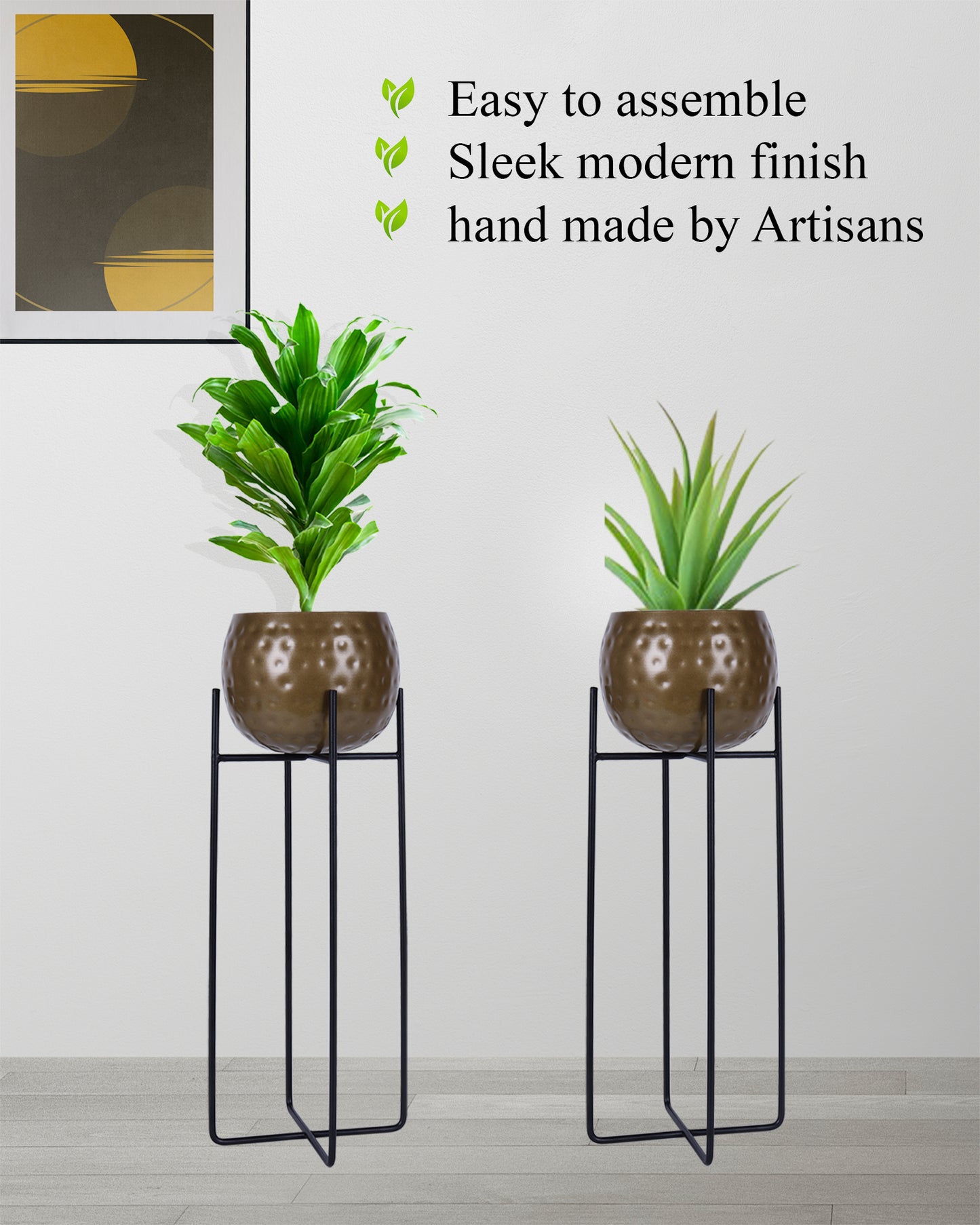 Metal Hammered Plant Pot with Stand, Set of 2 |Golden Decorative Modern Indoor Planter | Office Desk Pot with Black Metal Stand for Orchids Herbs Cacti Succulents
