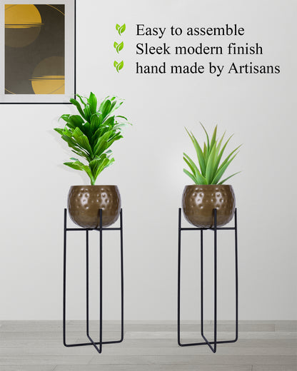 Metal Hammered Plant Pot with Stand, Set of 2 |Golden Decorative Modern Indoor Planter | Office Desk Pot with Black Metal Stand for Orchids Herbs Cacti Succulents