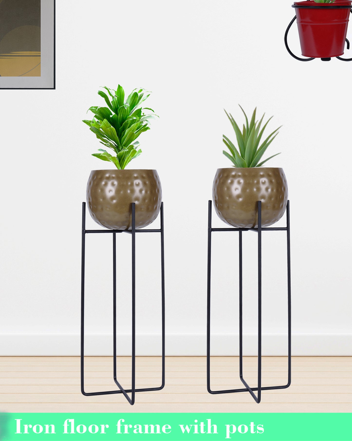 Metal Hammered Plant Pot with Stand, Set of 2 |Golden Decorative Modern Indoor Planter | Office Desk Pot with Black Metal Stand for Orchids Herbs Cacti Succulents