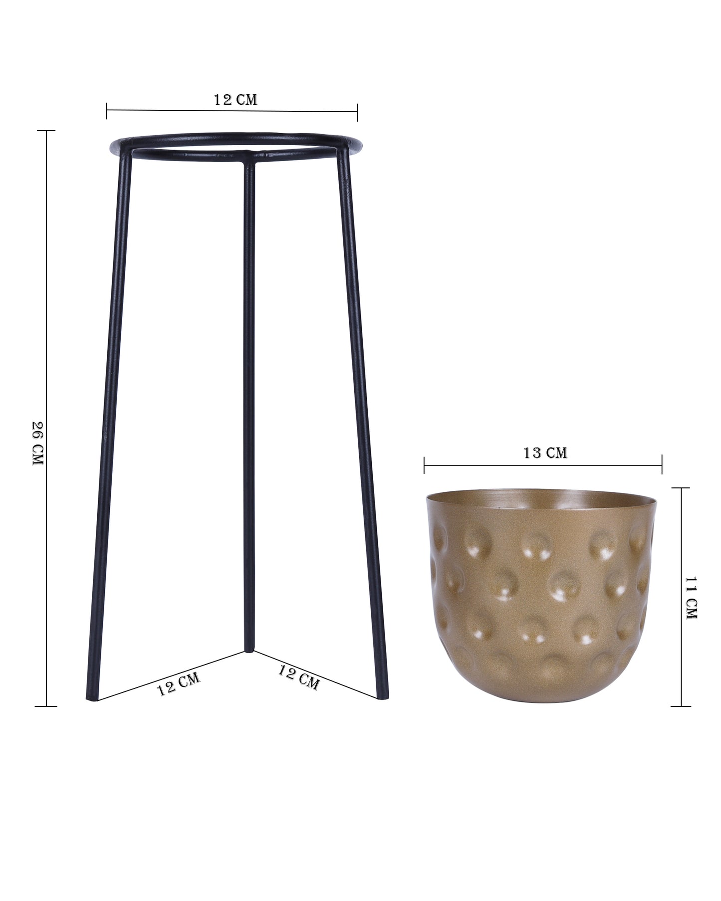 Metal Hammered Plant Pot with Stand, Set of 2 |Golden Decorative Modern Indoor Planter | Office Desk Pot with Black Metal Stand for Orchids Herbs Cacti Succulents