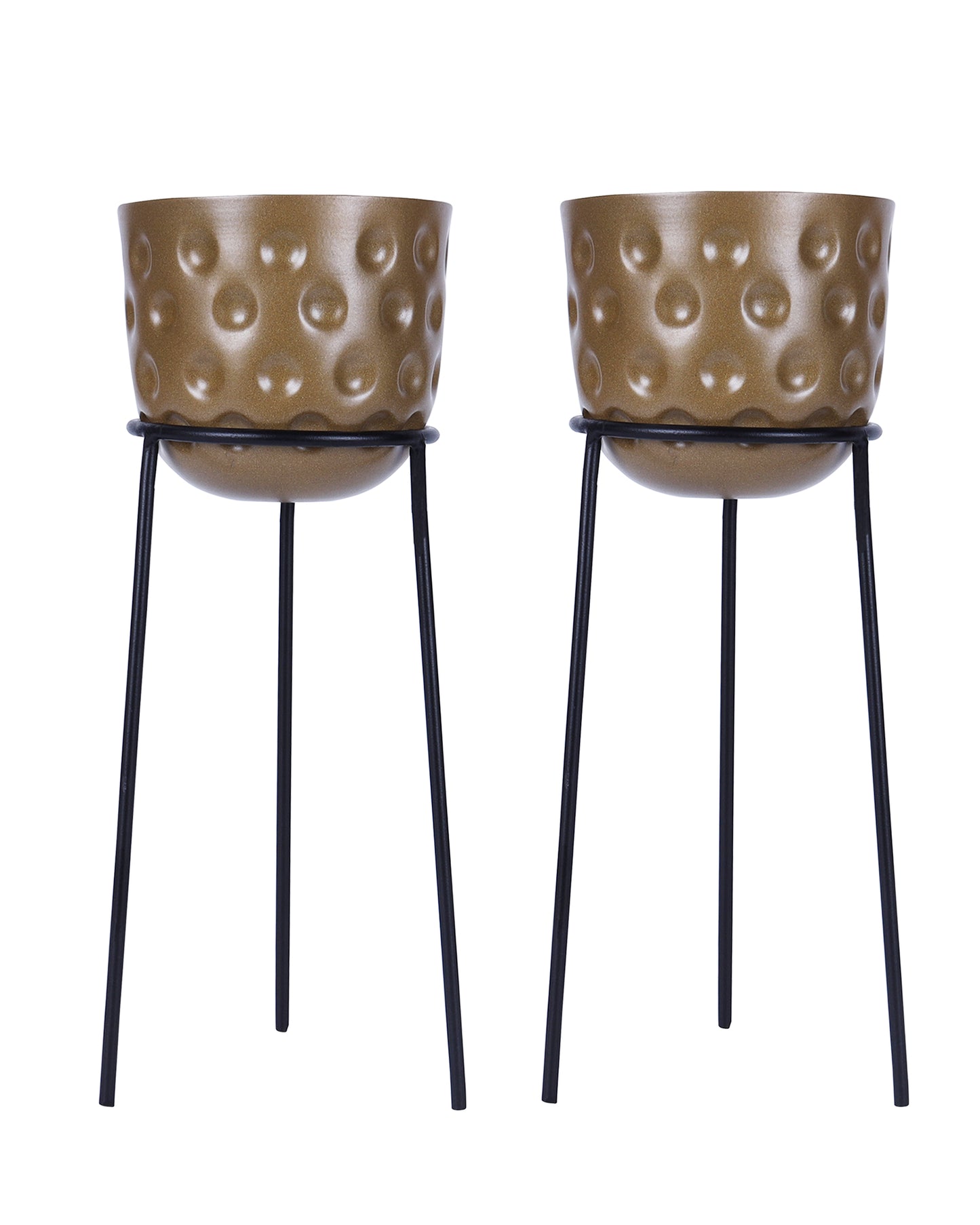 Metal Hammered Plant Pot with Stand, Set of 2 |Golden Decorative Modern Indoor Planter | Office Desk Pot with Black Metal Stand for Orchids Herbs Cacti Succulents