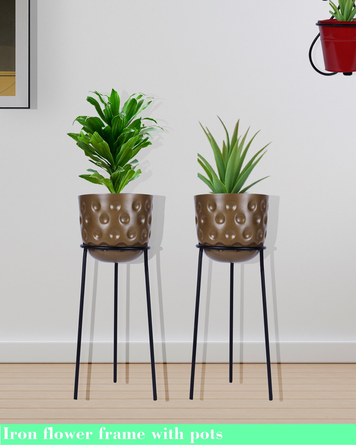 Metal Hammered Plant Pot with Stand, Set of 2 |Golden Decorative Modern Indoor Planter | Office Desk Pot with Black Metal Stand for Orchids Herbs Cacti Succulents