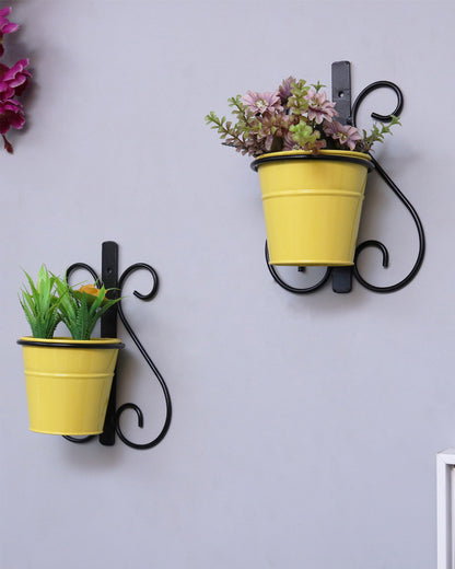 Wall Scone Metal Wall Planters Pot for Indoor Plants with Holder (Set of 2, Galvanized Iron Buckets) - Wall Mounted Planters with Stand Vertical Containers Balcony Decoration Garden Décor