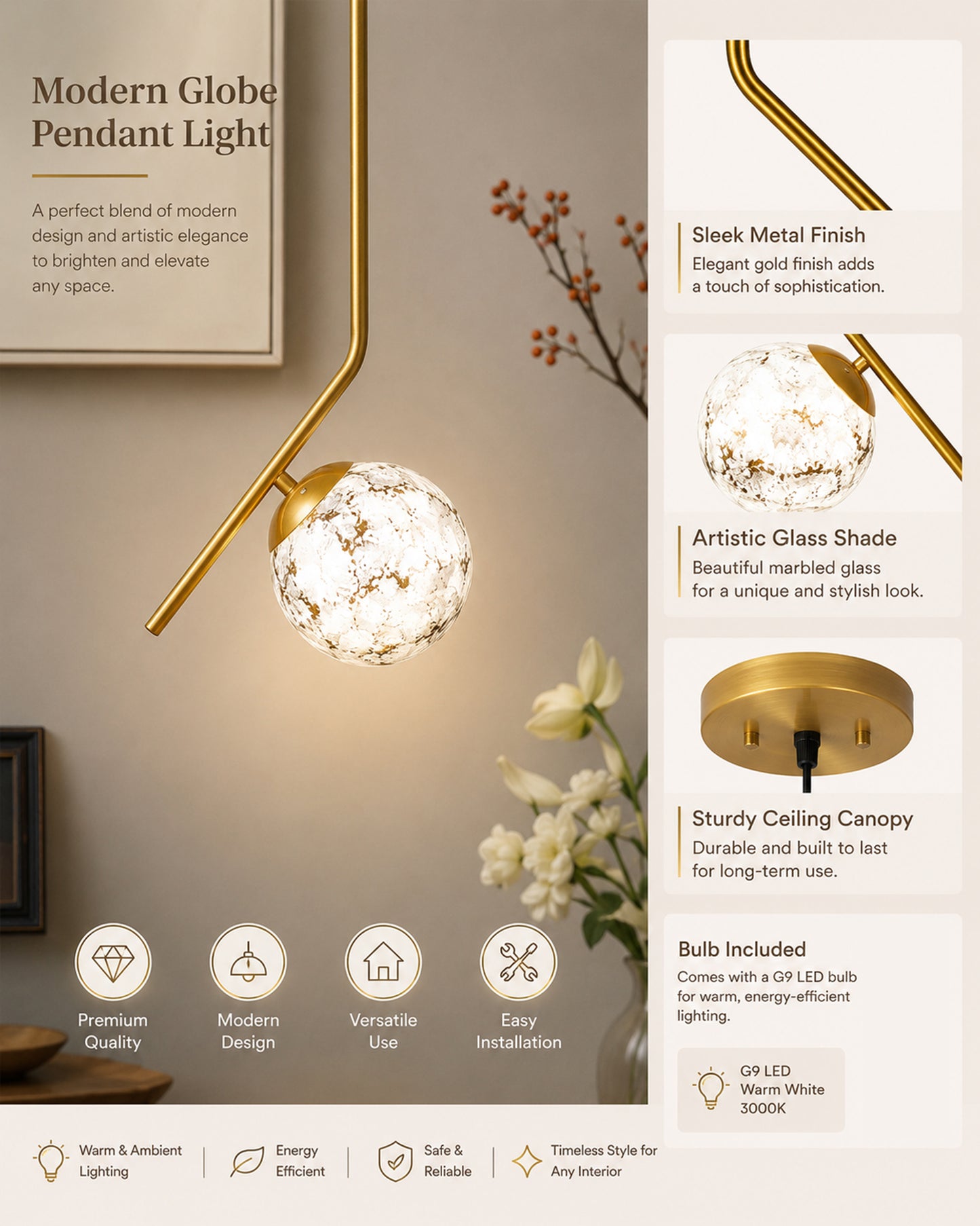 Mid Century Modern Golden Light Chandelier , Planet Series Frosted Glass Globe Lampshade Pendant Indoor Hanging Light Fixture, Tilt L