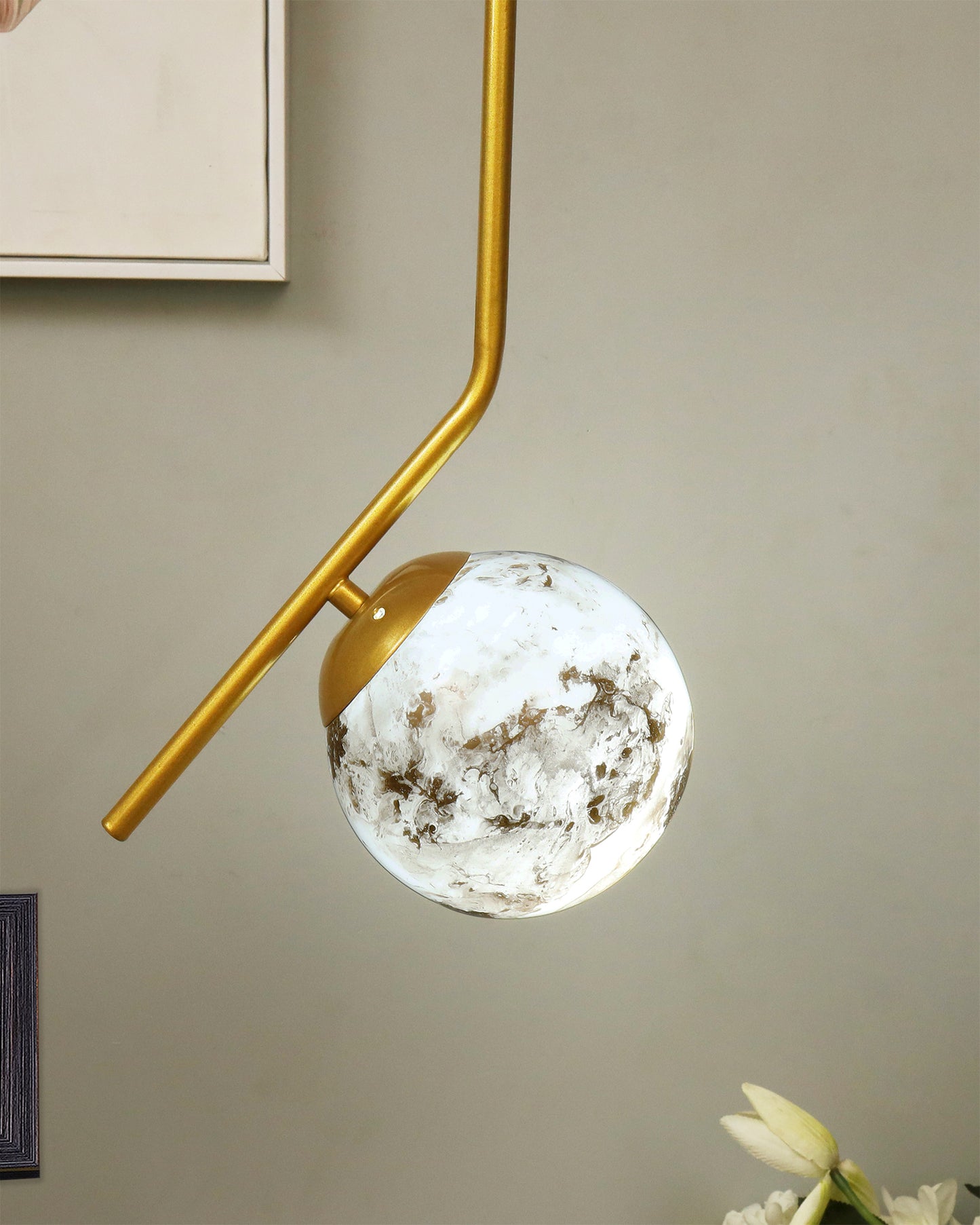 Mid Century Modern Golden Light Chandelier , Planet Series Frosted Glass Globe Lampshade Pendant Indoor Hanging Light Fixture, Tilt L