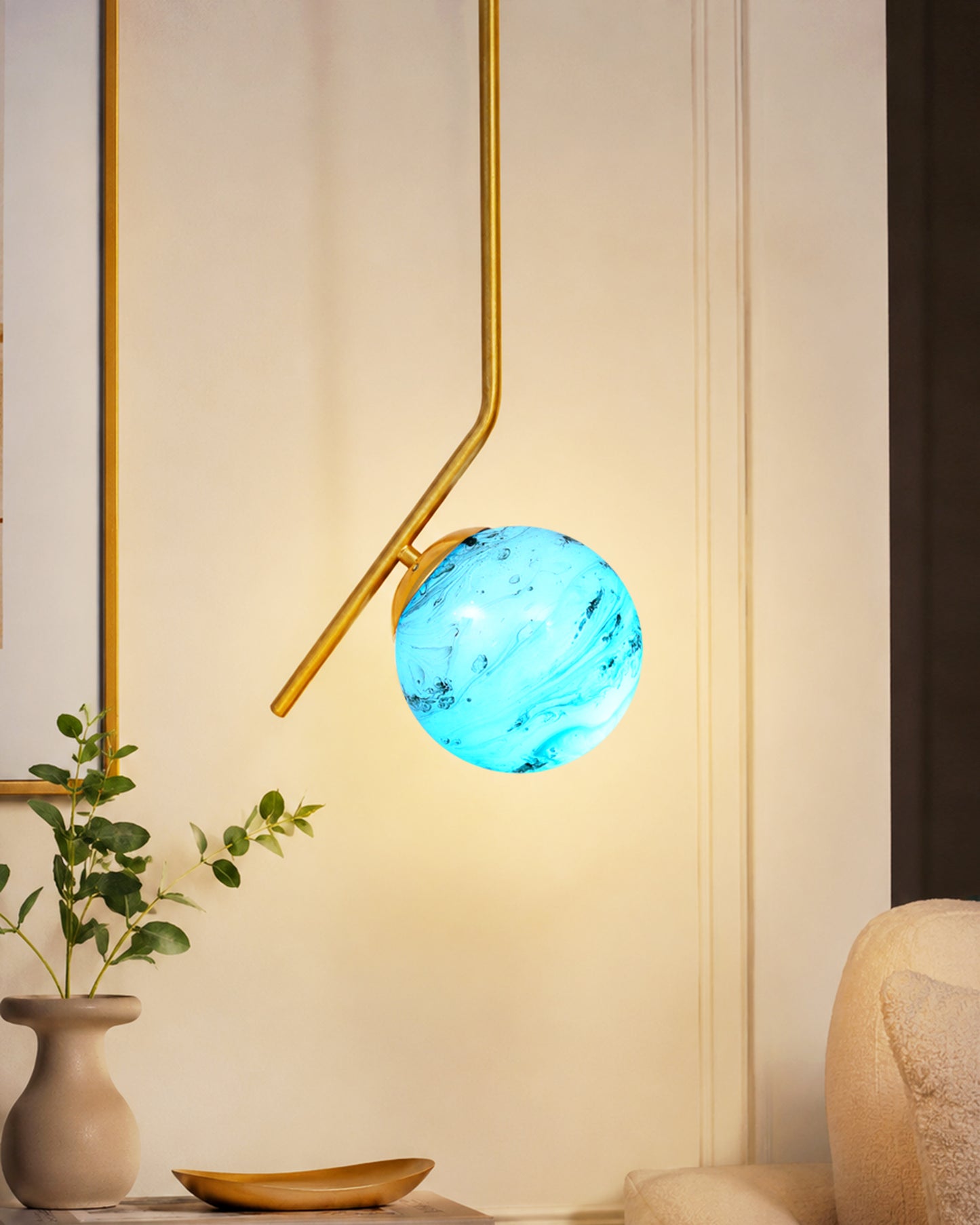 Mid Century Modern Golden Light Chandelier , Planet Series Frosted Glass Globe Lampshade Pendant Indoor Hanging Light Fixture, Tilt L