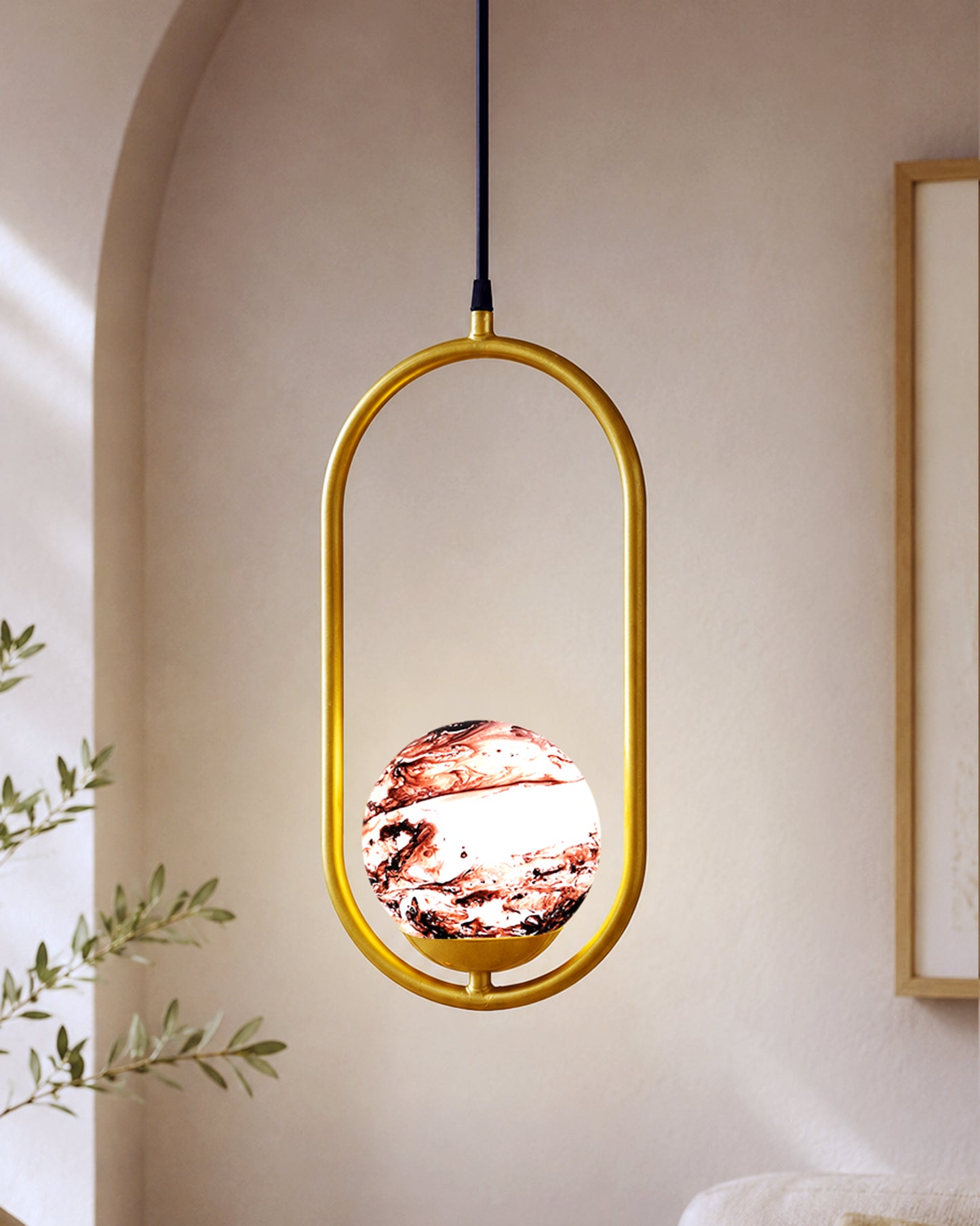 Mid Century Modern Golden Light Chandelier , Planet Series Frosted Glass Globe Lampshade Pendant Indoor Hanging Light Fixture, Oval