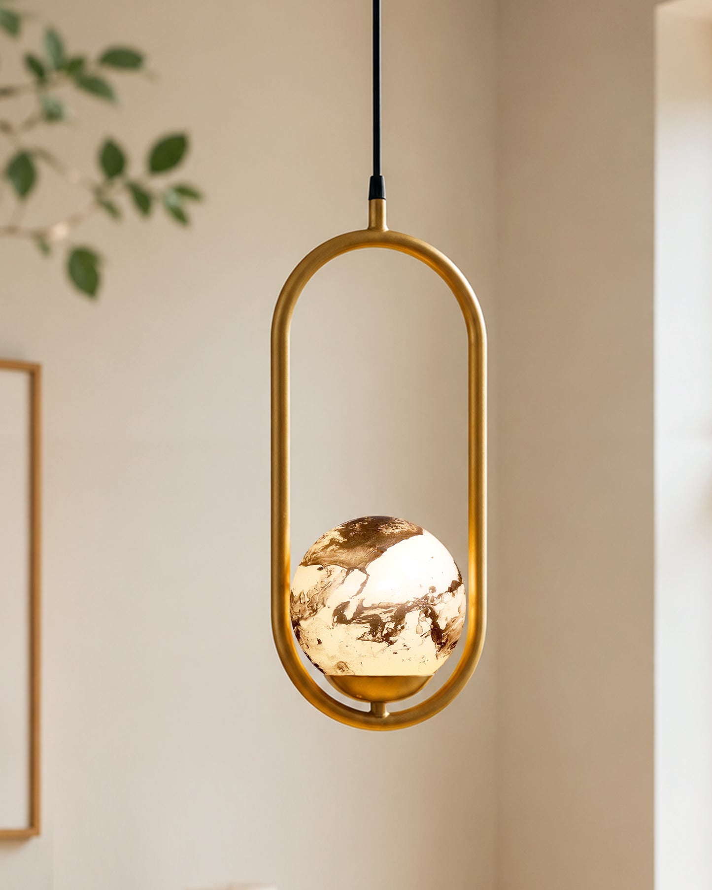 Mid Century Modern Golden Light Chandelier , Planet Series Frosted Glass Globe Lampshade Pendant Indoor Hanging Light Fixture, Oval