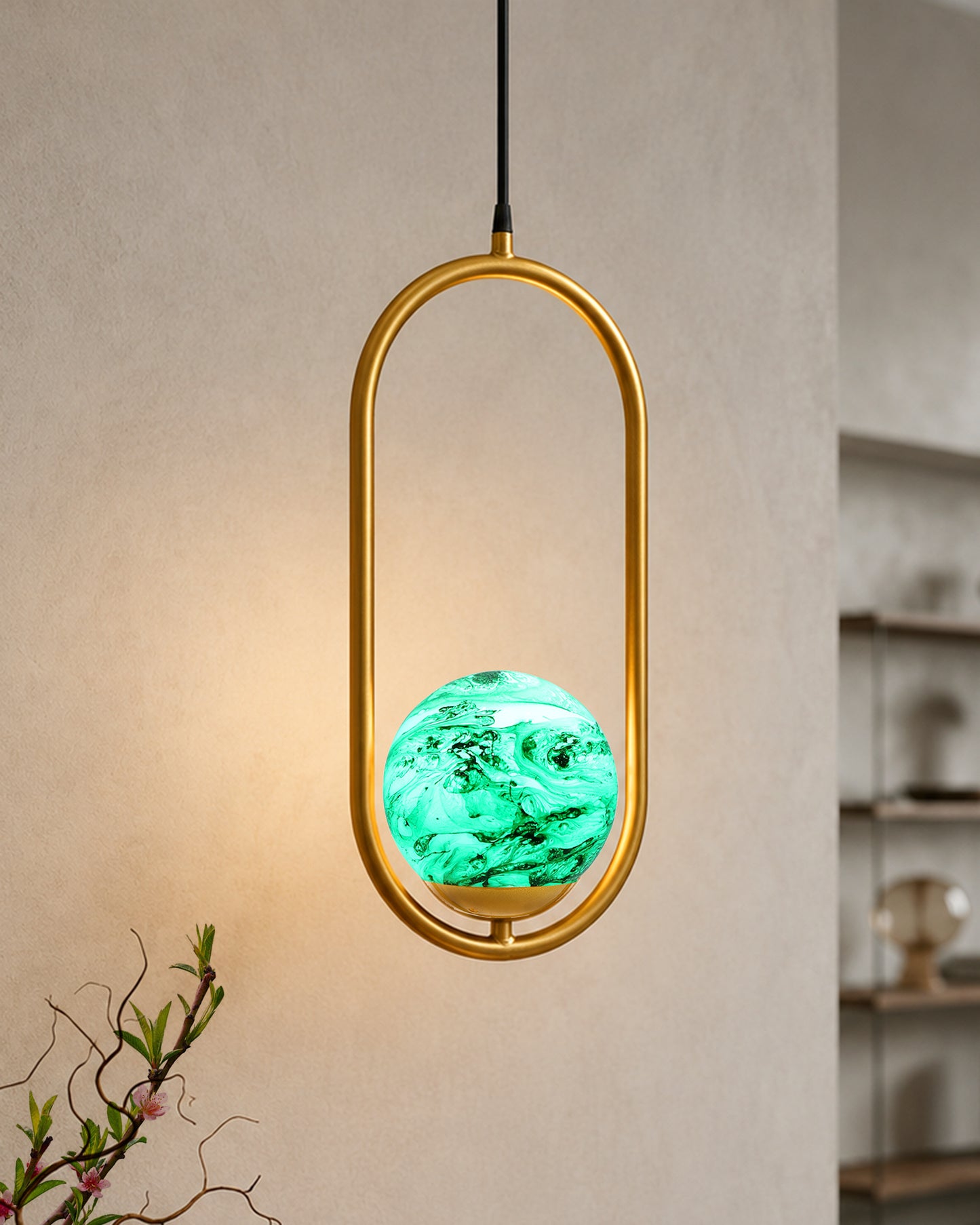 Mid Century Modern Golden Light Chandelier , Planet Series Frosted Glass Globe Lampshade Pendant Indoor Hanging Light Fixture, Oval
