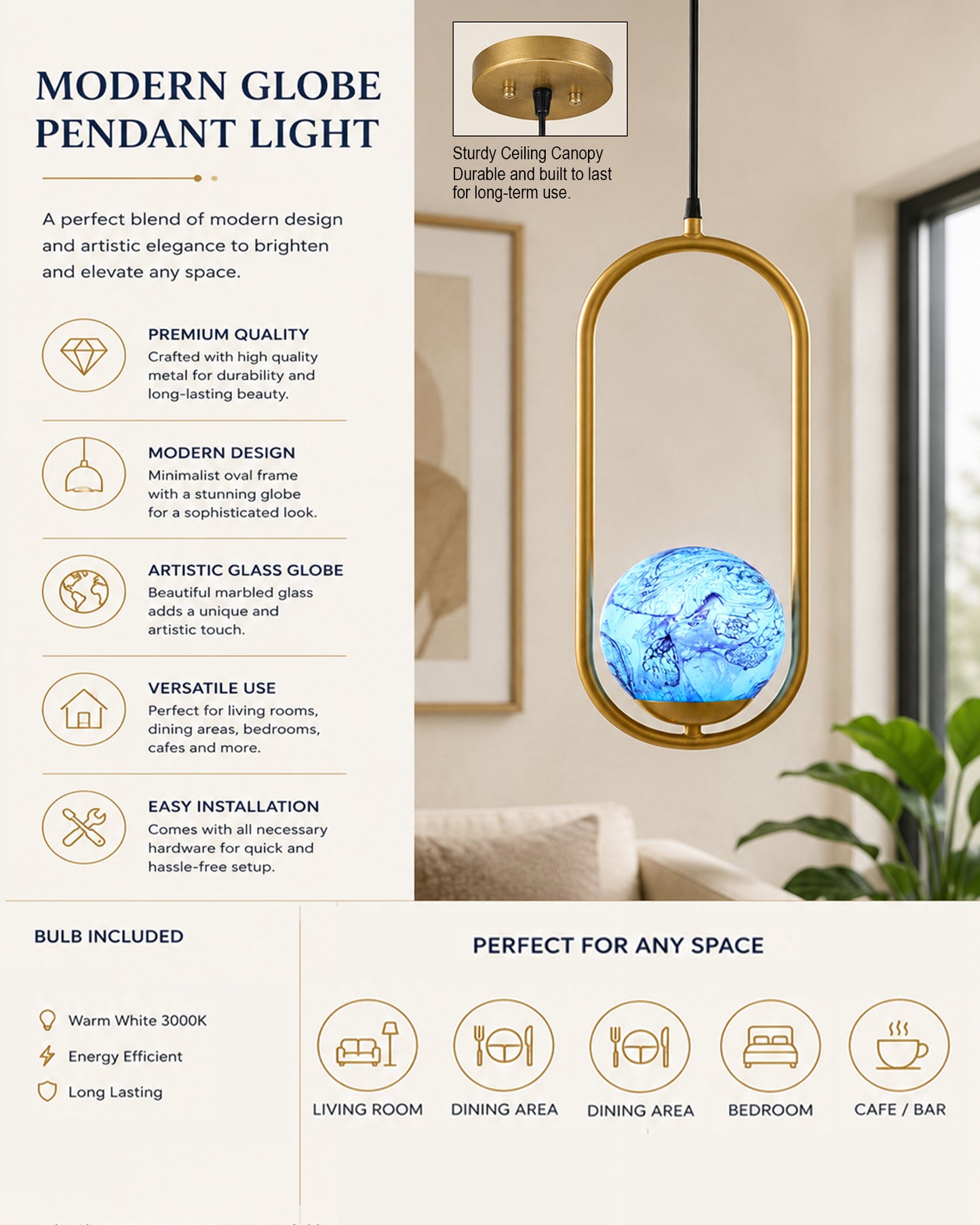 Mid Century Modern Golden Light Chandelier , Planet Series Frosted Glass Globe Lampshade Pendant Indoor Hanging Light Fixture, Oval