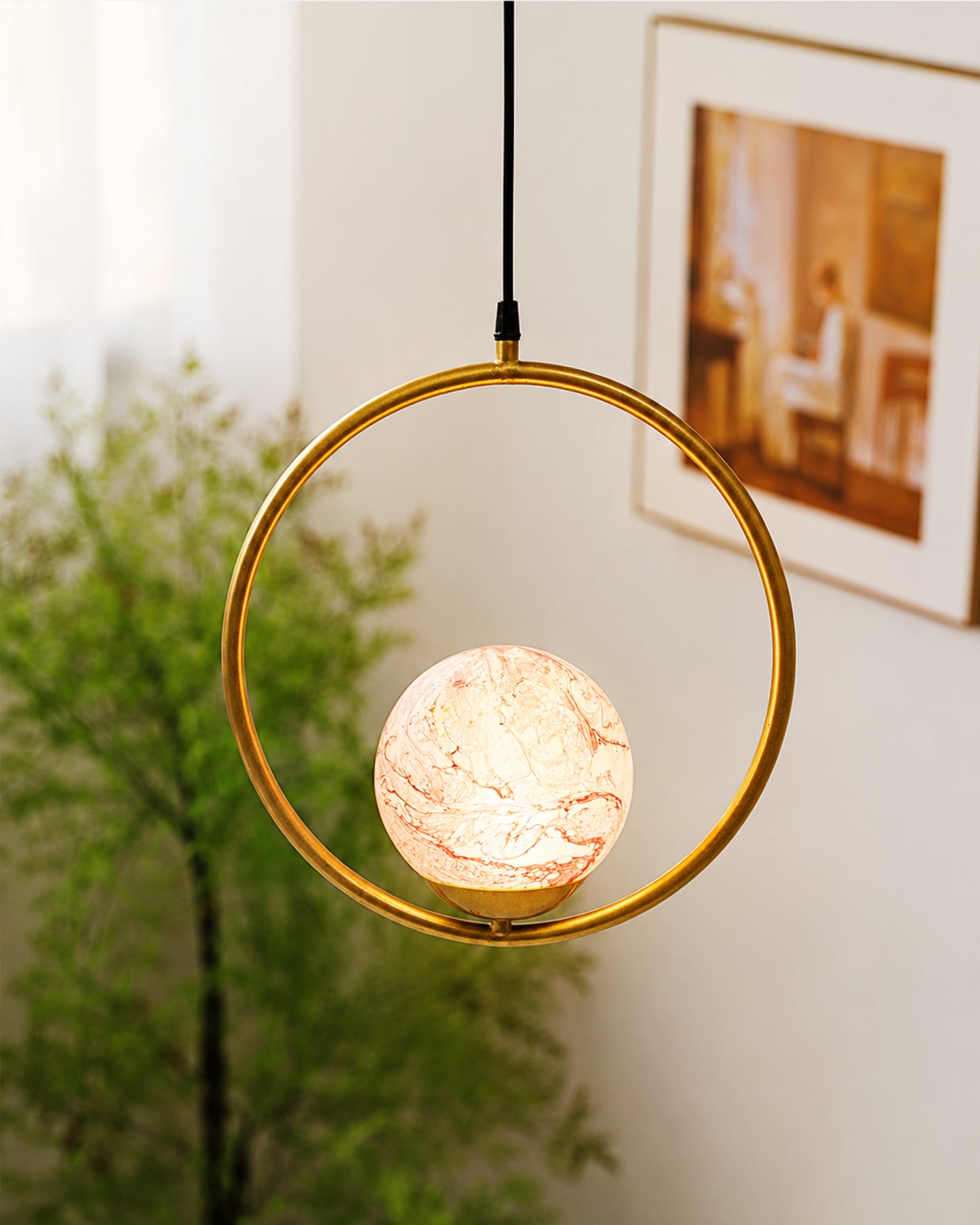 Mid Century Modern Golden Light Chandelier , Planet Series Frosted Glass Globe Lampshade Pendant Indoor Hanging Light Fixture, Round
