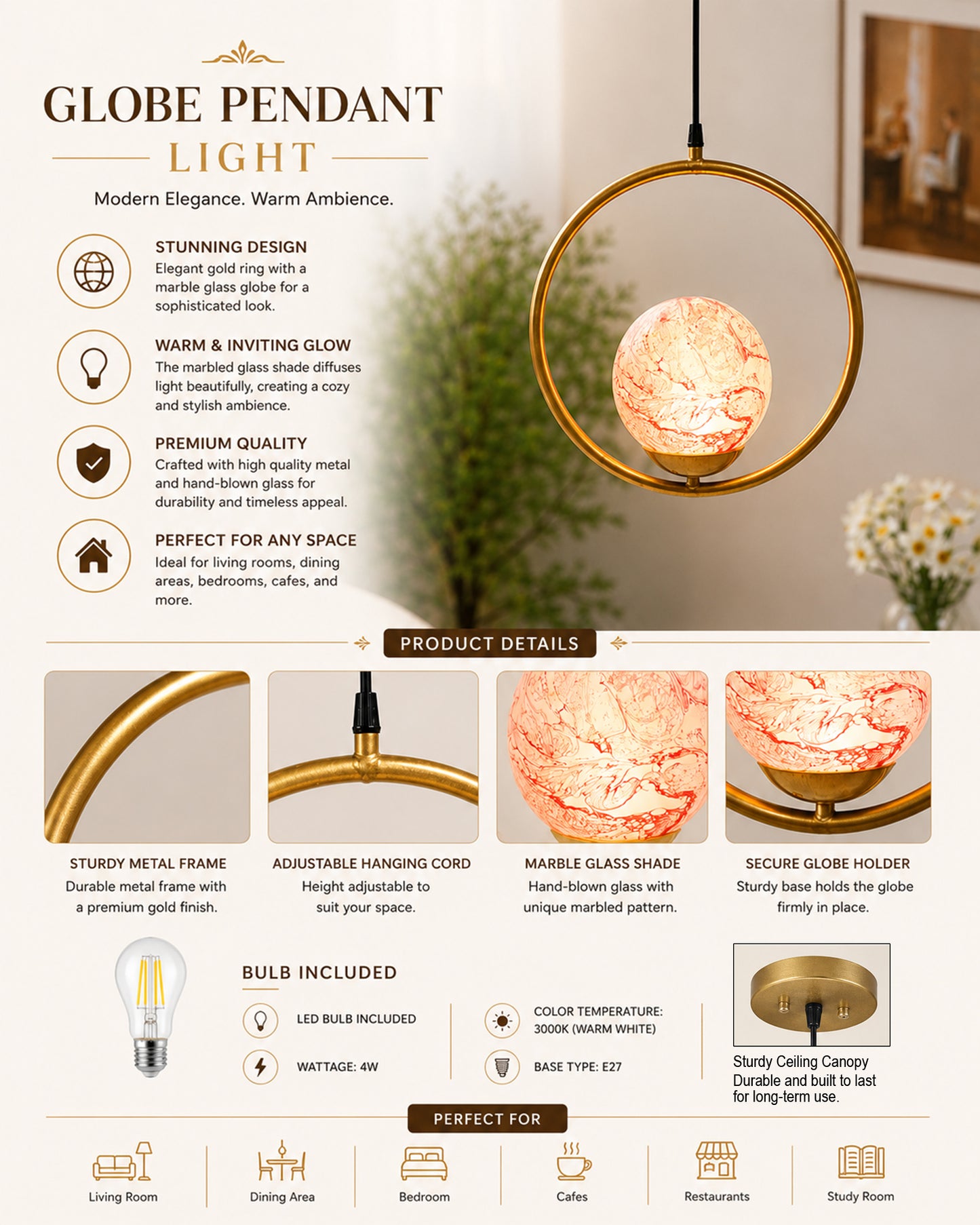 Mid Century Modern Golden Light Chandelier , Planet Series Frosted Glass Globe Lampshade Pendant Indoor Hanging Light Fixture, Round