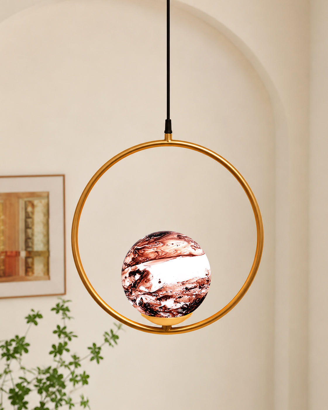 Mid Century Modern Golden Light Chandelier , Planet Series Frosted Glass Globe Lampshade Pendant Indoor Hanging Light Fixture, Round