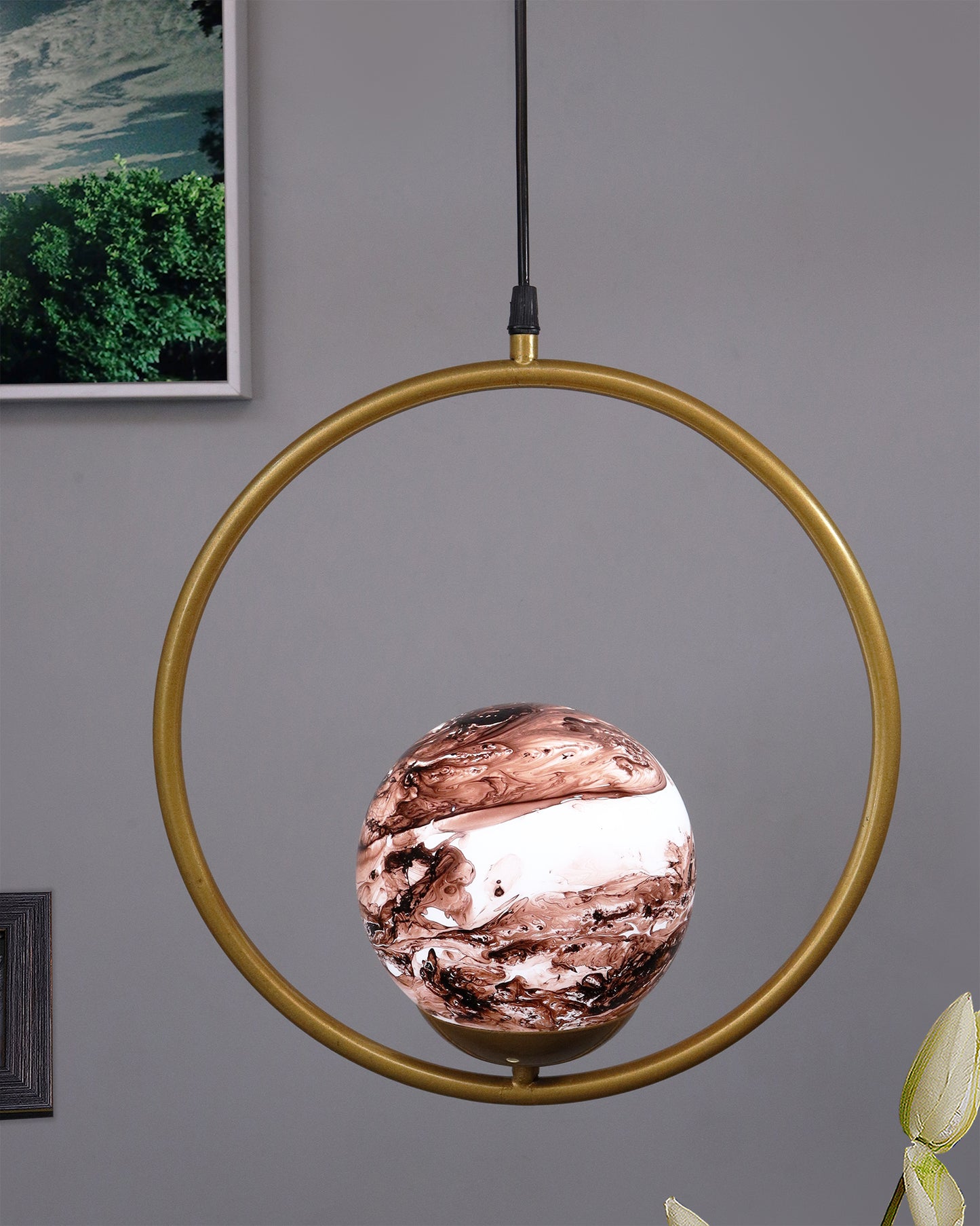Mid Century Modern Golden Light Chandelier , Planet Series Frosted Glass Globe Lampshade Pendant Indoor Hanging Light Fixture, Round