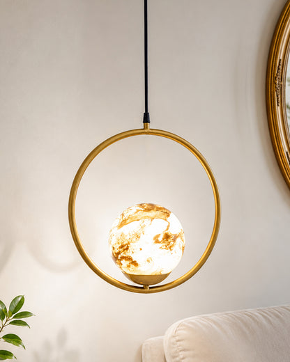 Mid Century Modern Golden Light Chandelier , Planet Series Frosted Glass Globe Lampshade Pendant Indoor Hanging Light Fixture, Round