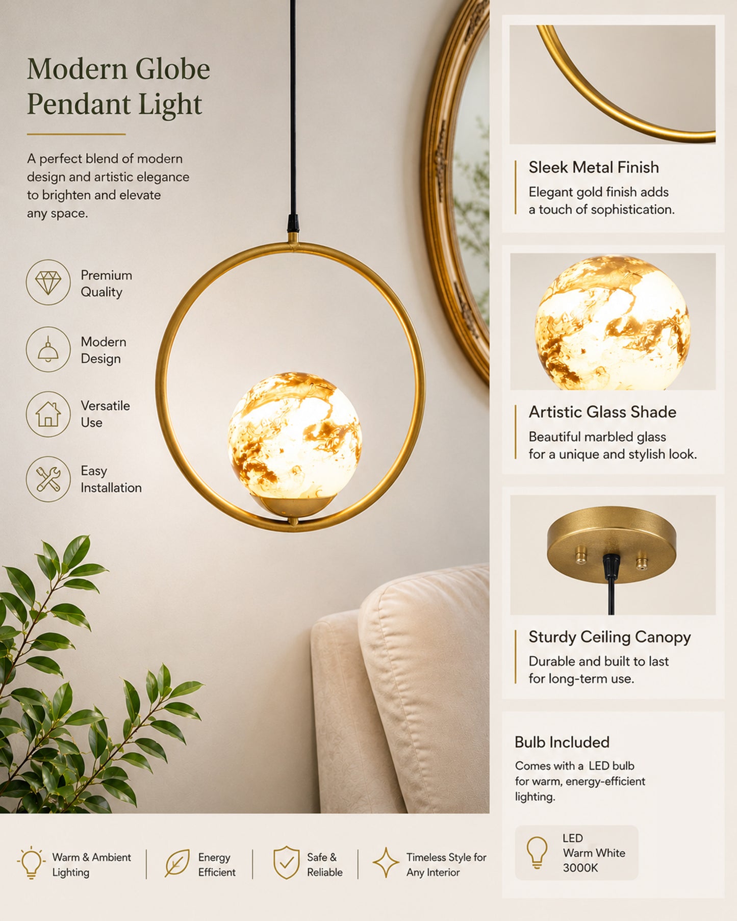 Mid Century Modern Golden Light Chandelier , Planet Series Frosted Glass Globe Lampshade Pendant Indoor Hanging Light Fixture, Round