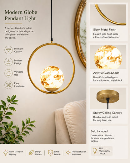 Mid Century Modern Golden Light Chandelier , Planet Series Frosted Glass Globe Lampshade Pendant Indoor Hanging Light Fixture, Round