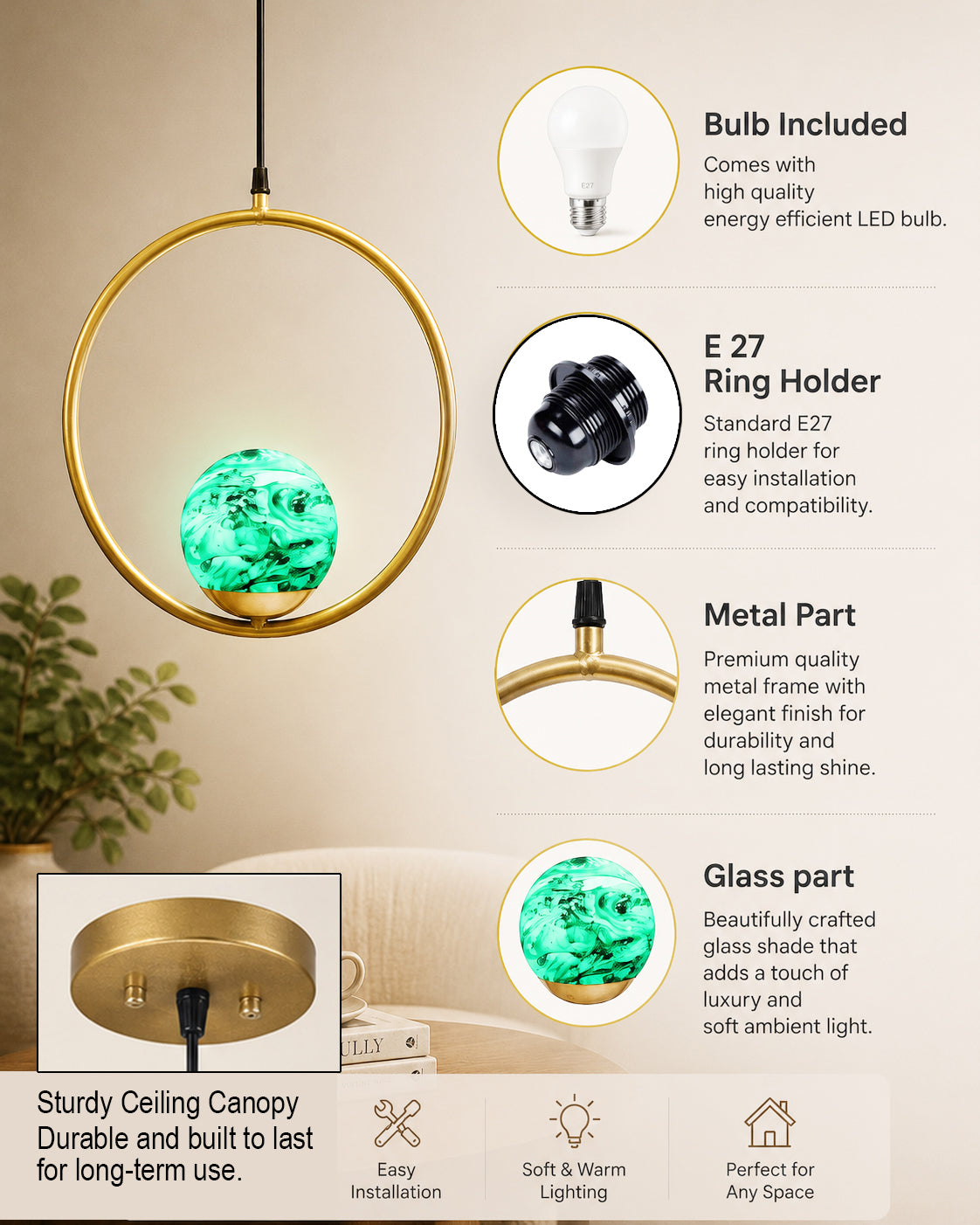 Mid Century Modern Golden Light Chandelier , Planet Series Frosted Glass Globe Lampshade Pendant Indoor Hanging Light Fixture, Round