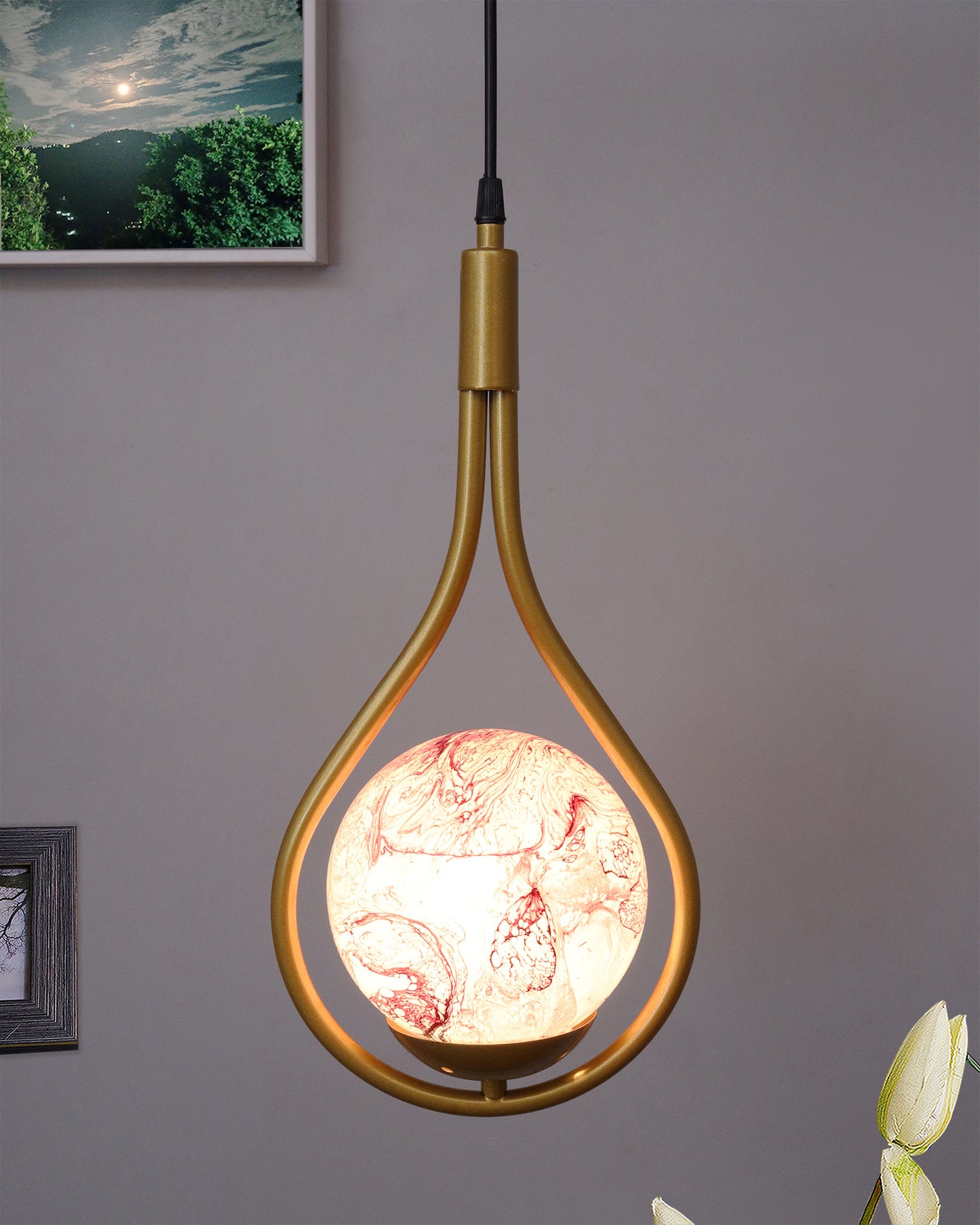 Mid Century Modern Golden Light Chandelier , Planet Series Frosted Glass Globe Lampshade Pendant Indoor Hanging Light Fixture, Water Drop