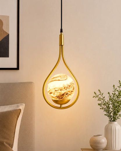 Mid Century Modern Golden Light Chandelier , Planet Series Frosted Glass Globe Lampshade Pendant Indoor Hanging Light Fixture, Water Drop