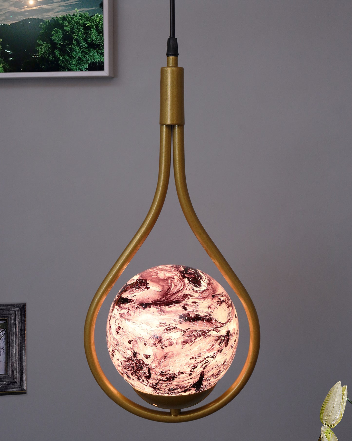 Mid Century Modern Golden Light Chandelier , Planet Series Frosted Glass Globe Lampshade Pendant Indoor Hanging Light Fixture, Water Drop