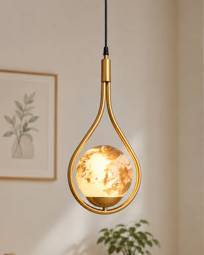 Mid Century Modern Golden Light Chandelier , Planet Series Frosted Glass Globe Lampshade Pendant Indoor Hanging Light Fixture, Water Drop