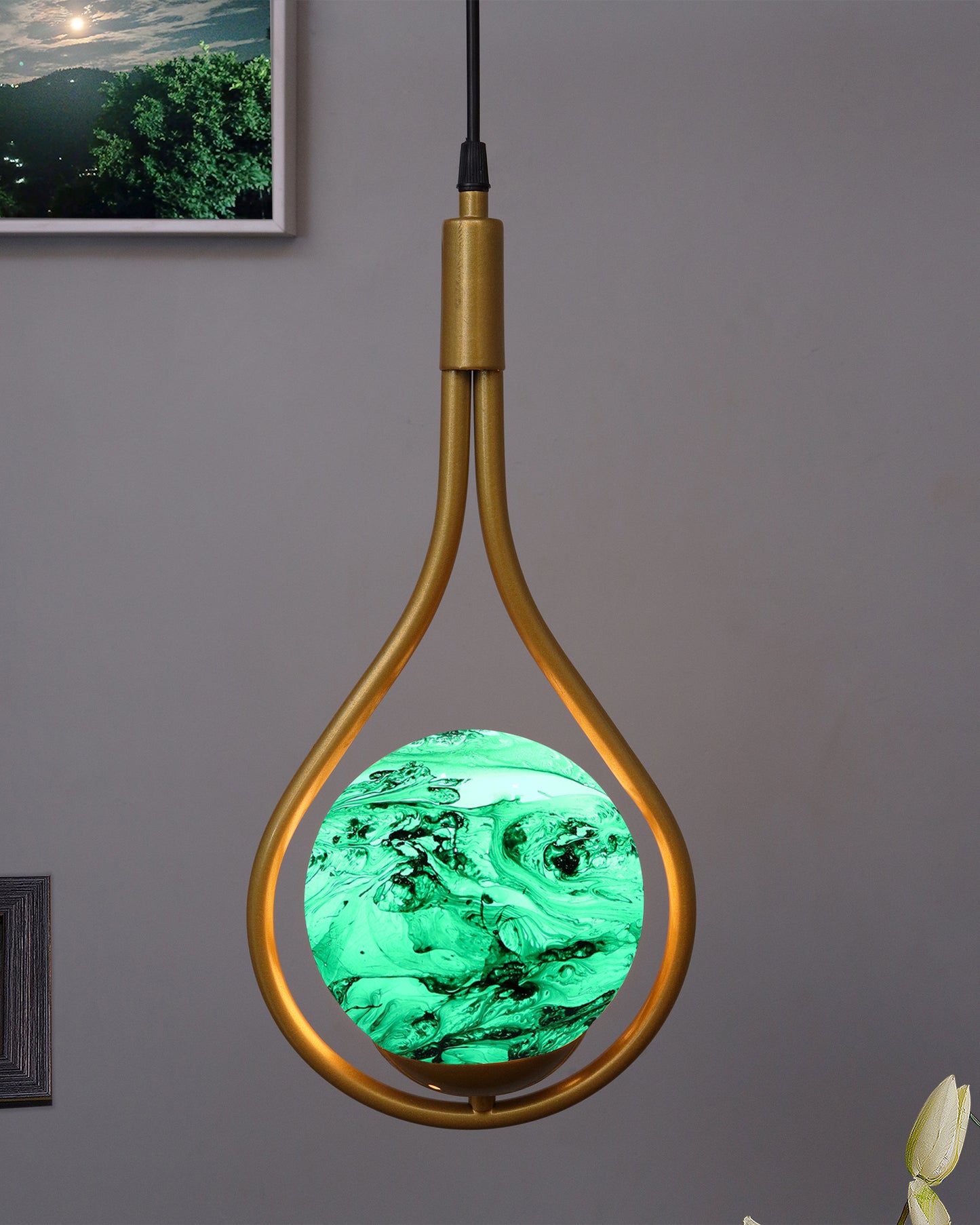 Mid Century Modern Golden Light Chandelier , Planet Series Frosted Glass Globe Lampshade Pendant Indoor Hanging Light Fixture, Water Drop
