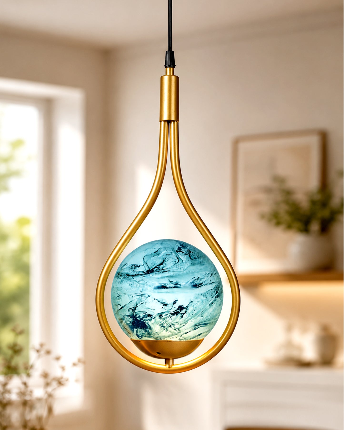 Mid Century Modern Golden Light Chandelier , Planet Series Frosted Glass Globe Lampshade Pendant Indoor Hanging Light Fixture, Water Drop