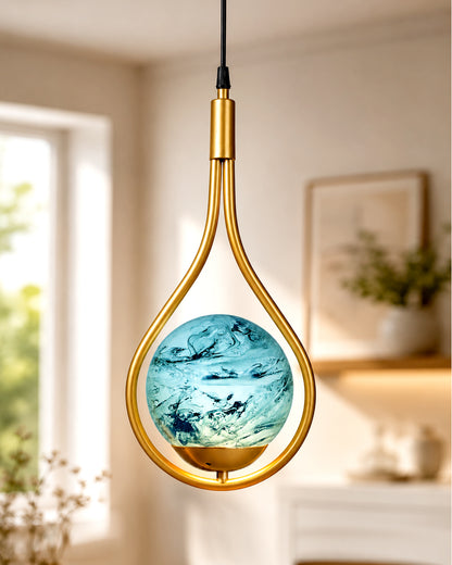Mid Century Modern Golden Light Chandelier , Planet Series Frosted Glass Globe Lampshade Pendant Indoor Hanging Light Fixture, Water Drop