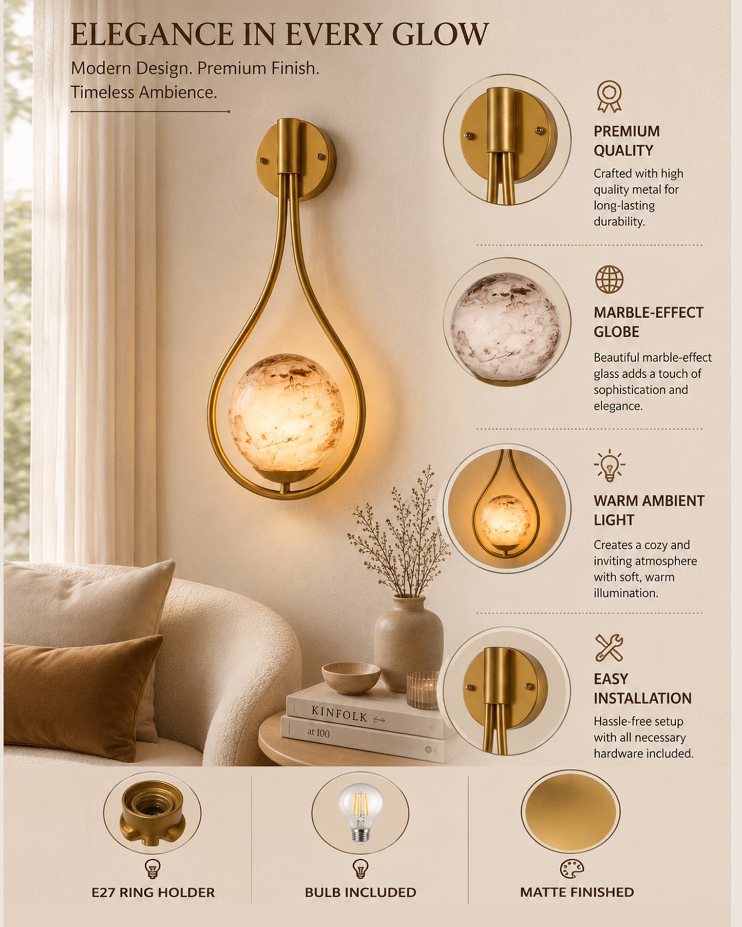Mid Century Modern Golden Light Wall lamp , Planet Series Frosted Glass Globe Lampshade Light Indoor Hanging Light Fixture, Wall Drop
