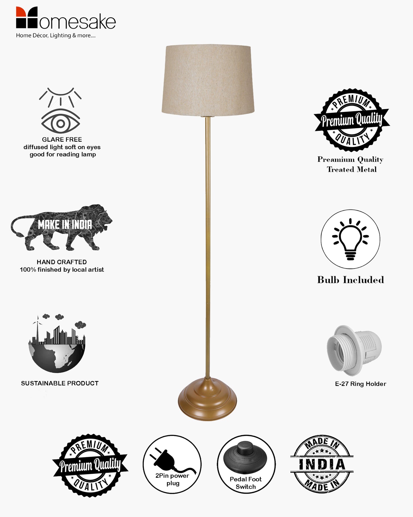 Contemporary Metal Floor Lamp,Contemporary Minimalist Standing Floor Light with Iron Legs, E27 Lamp Base, Modern Design Standing Light for Living Room,Bedroom,Antique Gold