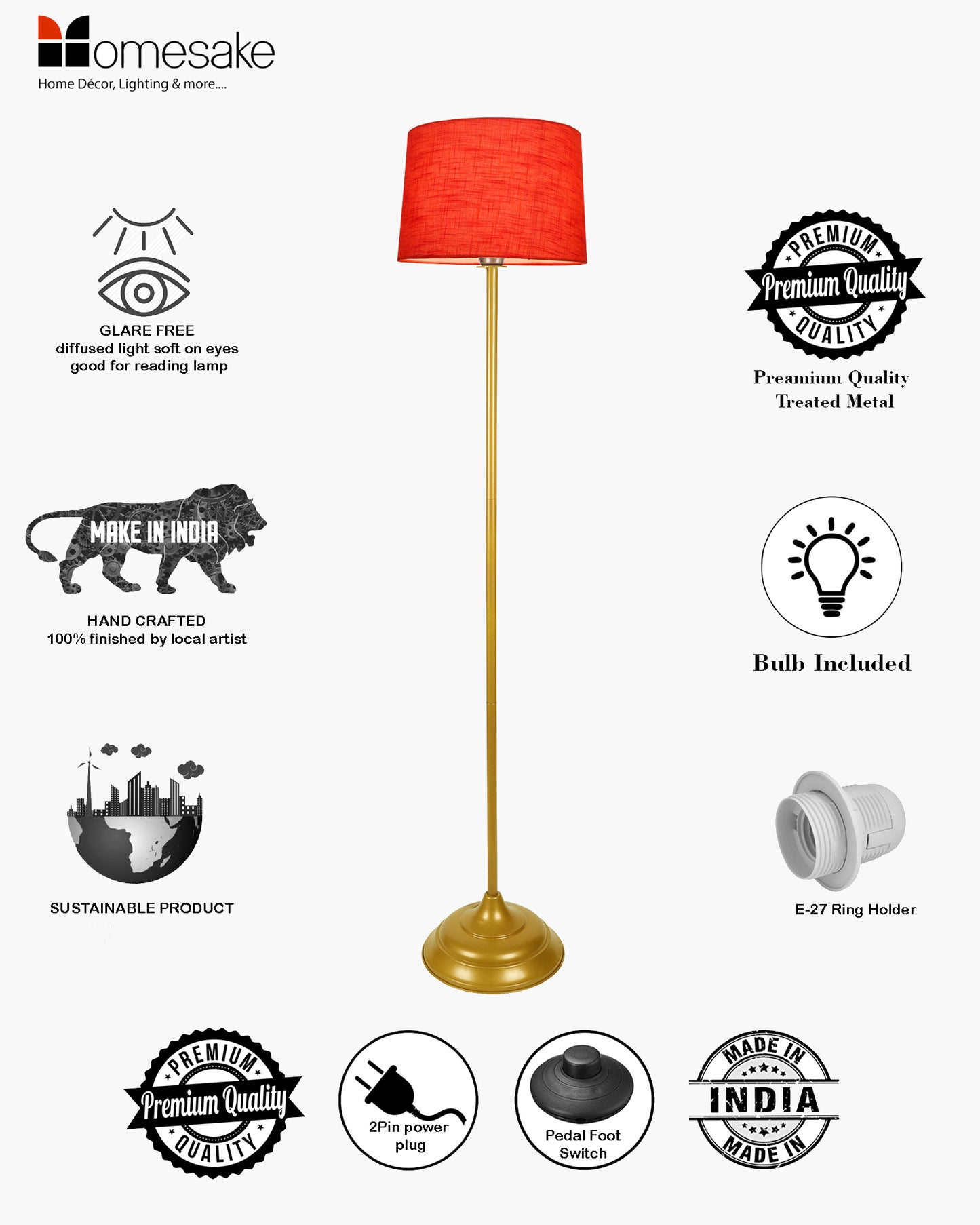 Contemporary Metal Floor Lamp,Contemporary Minimalist Standing Floor Light with Iron Legs, E27 Lamp Base, Modern Design Standing Light for Living Room,Bedroom,Antique Gold