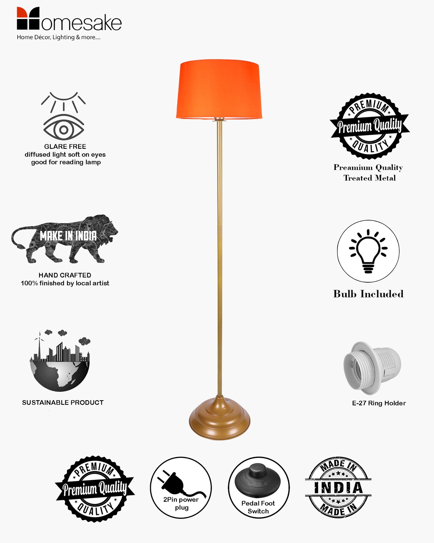 Contemporary Metal Floor Lamp,Contemporary Minimalist Standing Floor Light with Iron Legs, E27 Lamp Base, Modern Design Standing Light for Living Room,Bedroom,Antique Gold