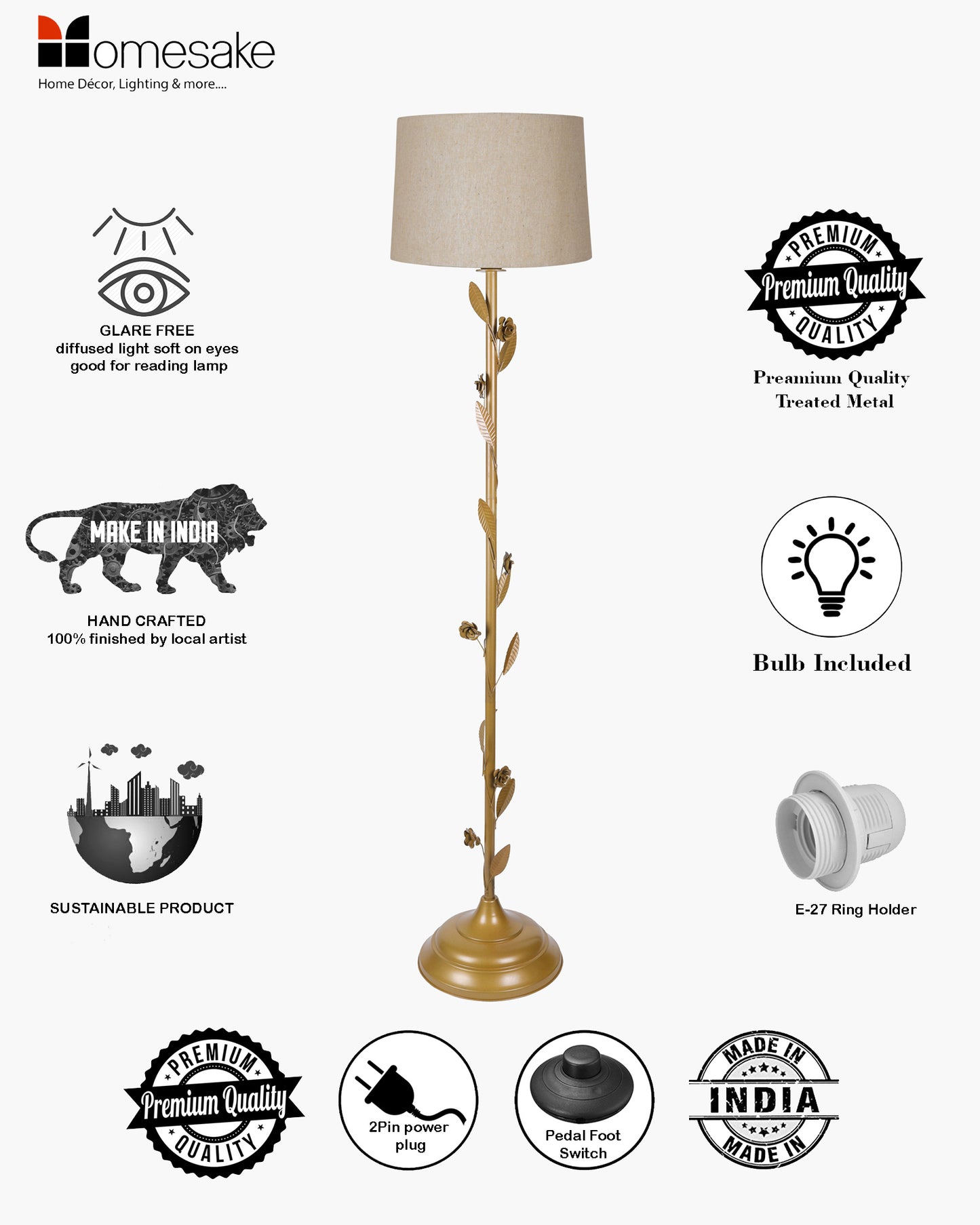 Contemporary Metal Floor Lamp,Contemporary Minimalist Standing Floor Light with Iron Legs, E27 Lamp Base, Modern Design Standing Light for Living Room,Bedroom,Antique Gold