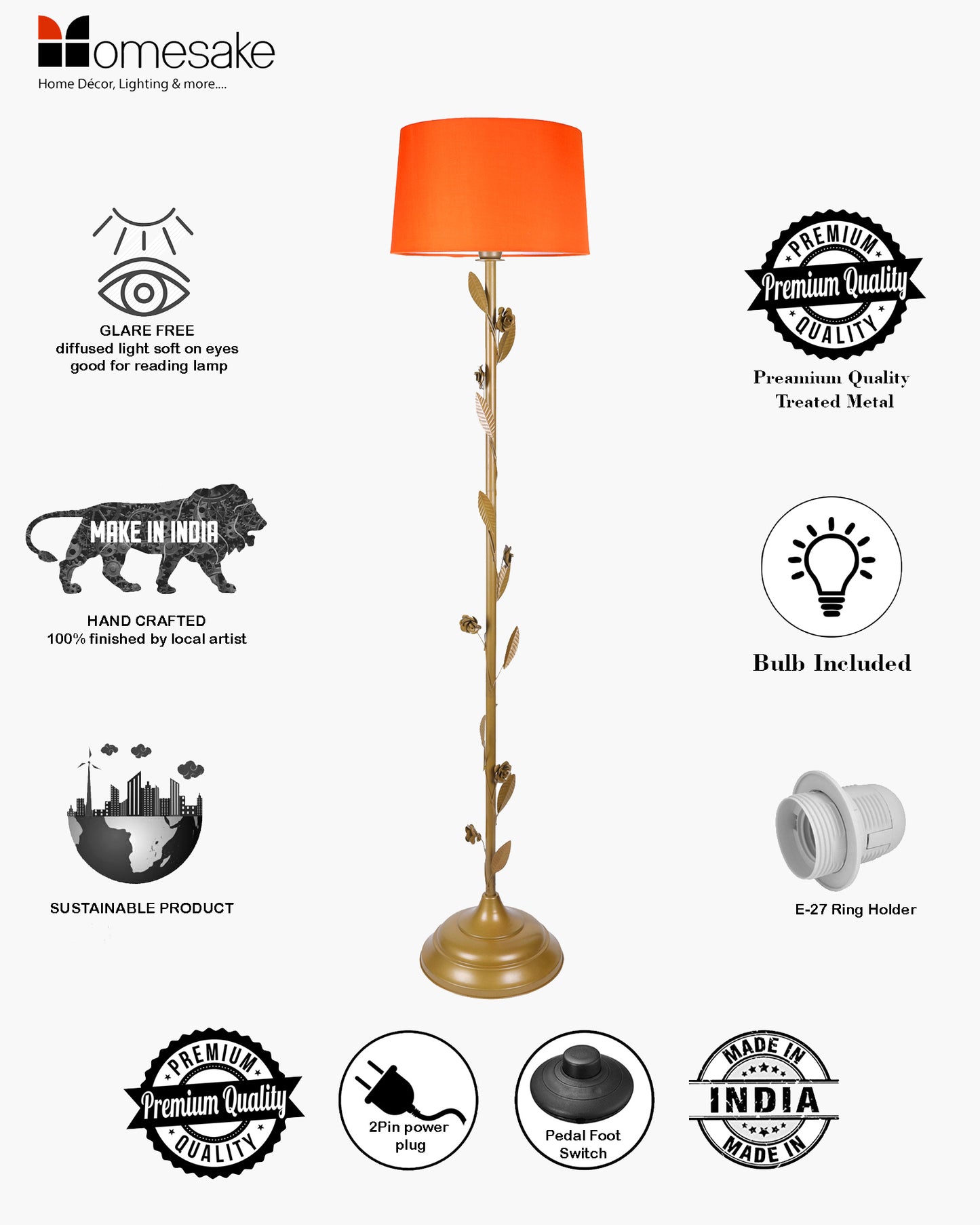 Contemporary Metal Floor Lamp,Contemporary Minimalist Standing Floor Light with Iron Legs, E27 Lamp Base, Modern Design Standing Light for Living Room,Bedroom,Antique Gold