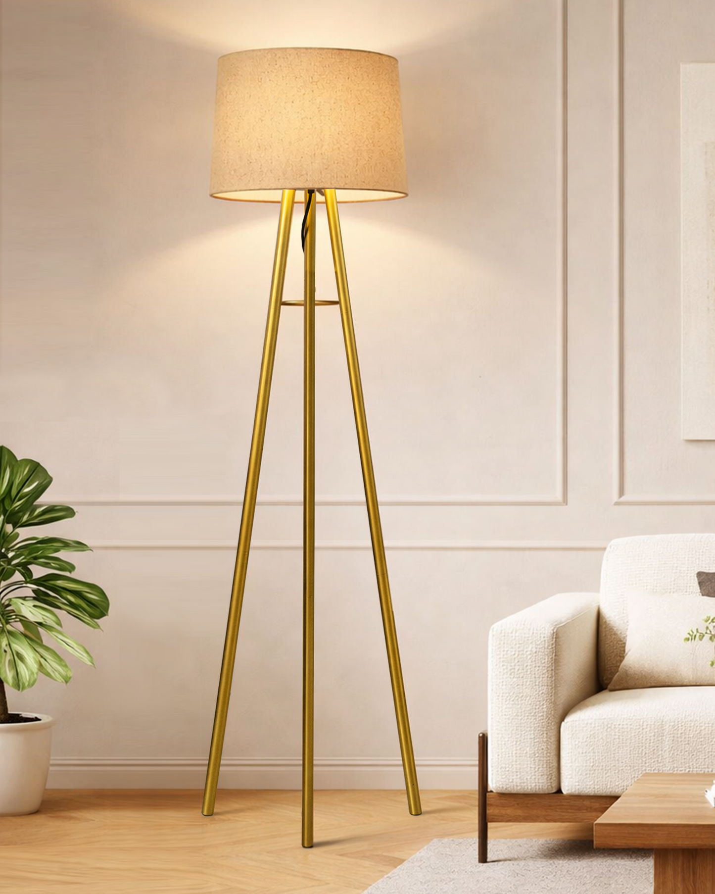 Mid Century Metal Tripod Floor Lamp,Contemporary Minimalist Standing Floor Light with Iron Legs,E27 Lamp Base,Modern Design Standing Light for Living Room,Study Room Antique Gold, Tripod
