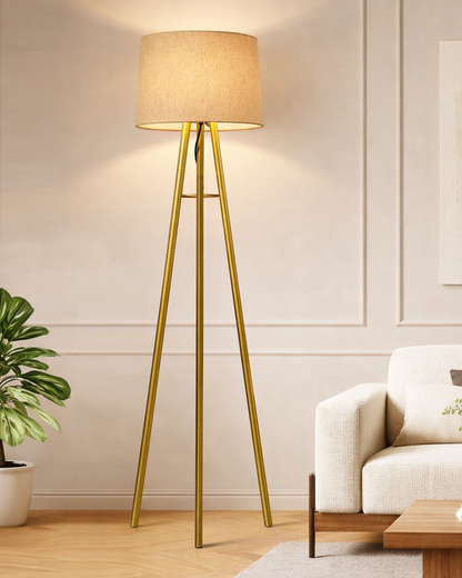 Mid Century Metal Tripod Floor Lamp,Contemporary Minimalist Standing Floor Light with Iron Legs,E27 Lamp Base,Modern Design Standing Light for Living Room,Study Room Antique Gold, Tripod
